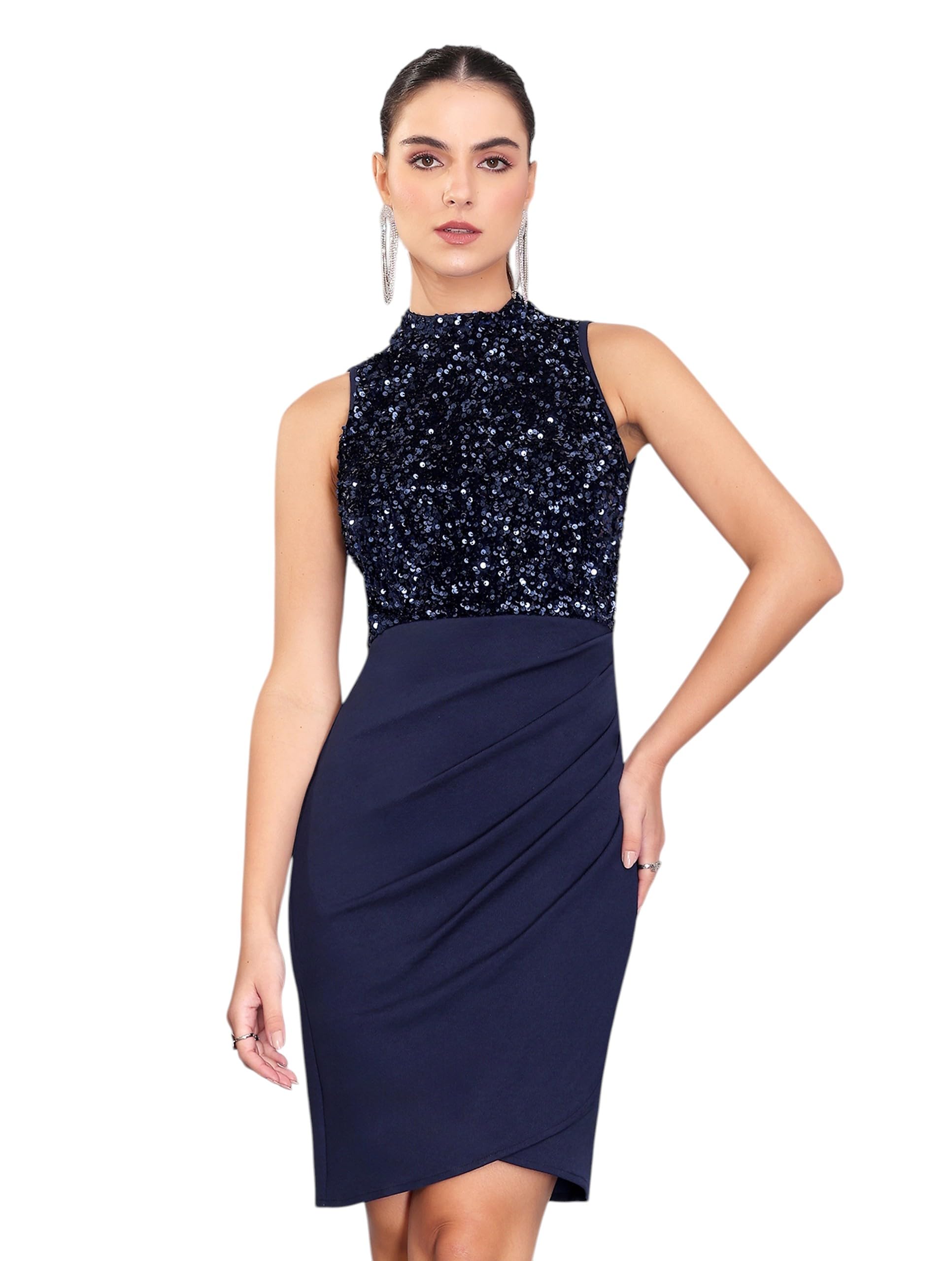 Miss Chase Womens Neck Sleeveless Embellished Pleated Above-Knee Dress (MCSS25D16-73-71-06, Navy Blue, XL)