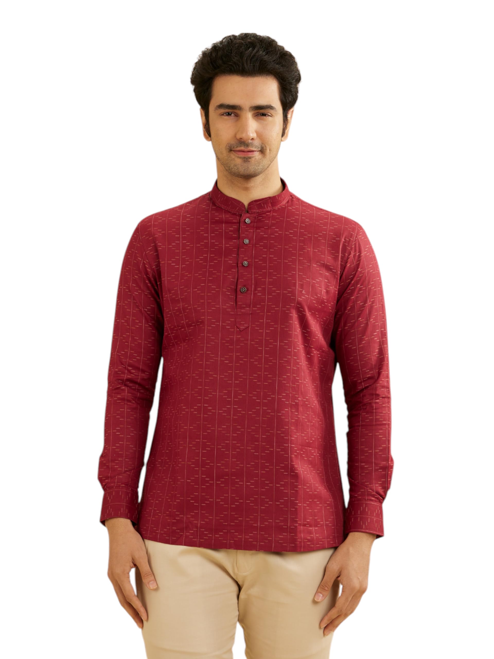 Manyavar Cotton MenS Jacquard Short Kurta (Maroon,M)
