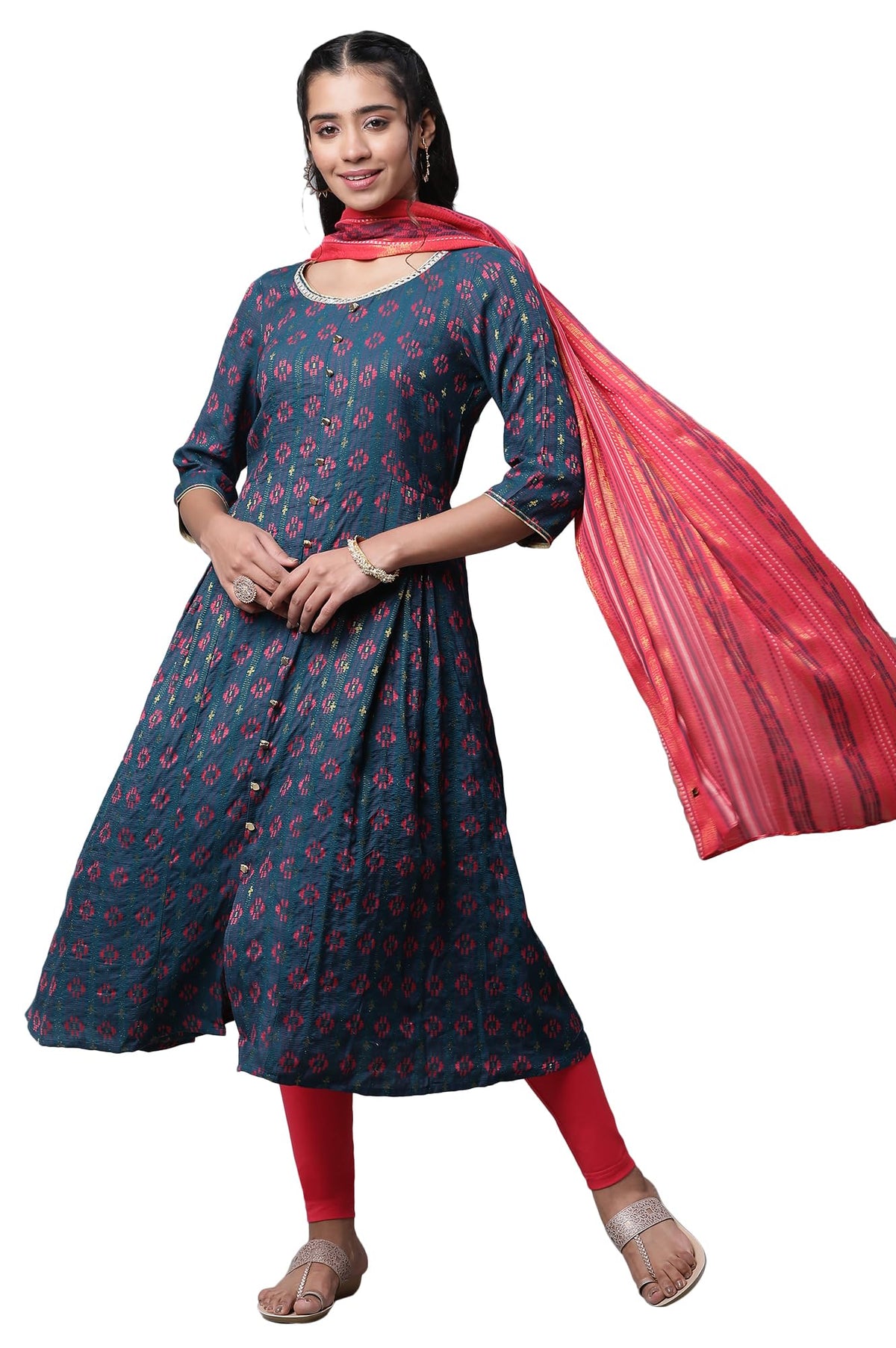 Aurelia Womens Persian Blue Viscose Flared Kurta, Tights, Dupatta Suit Set_23AUD14619-703900_S