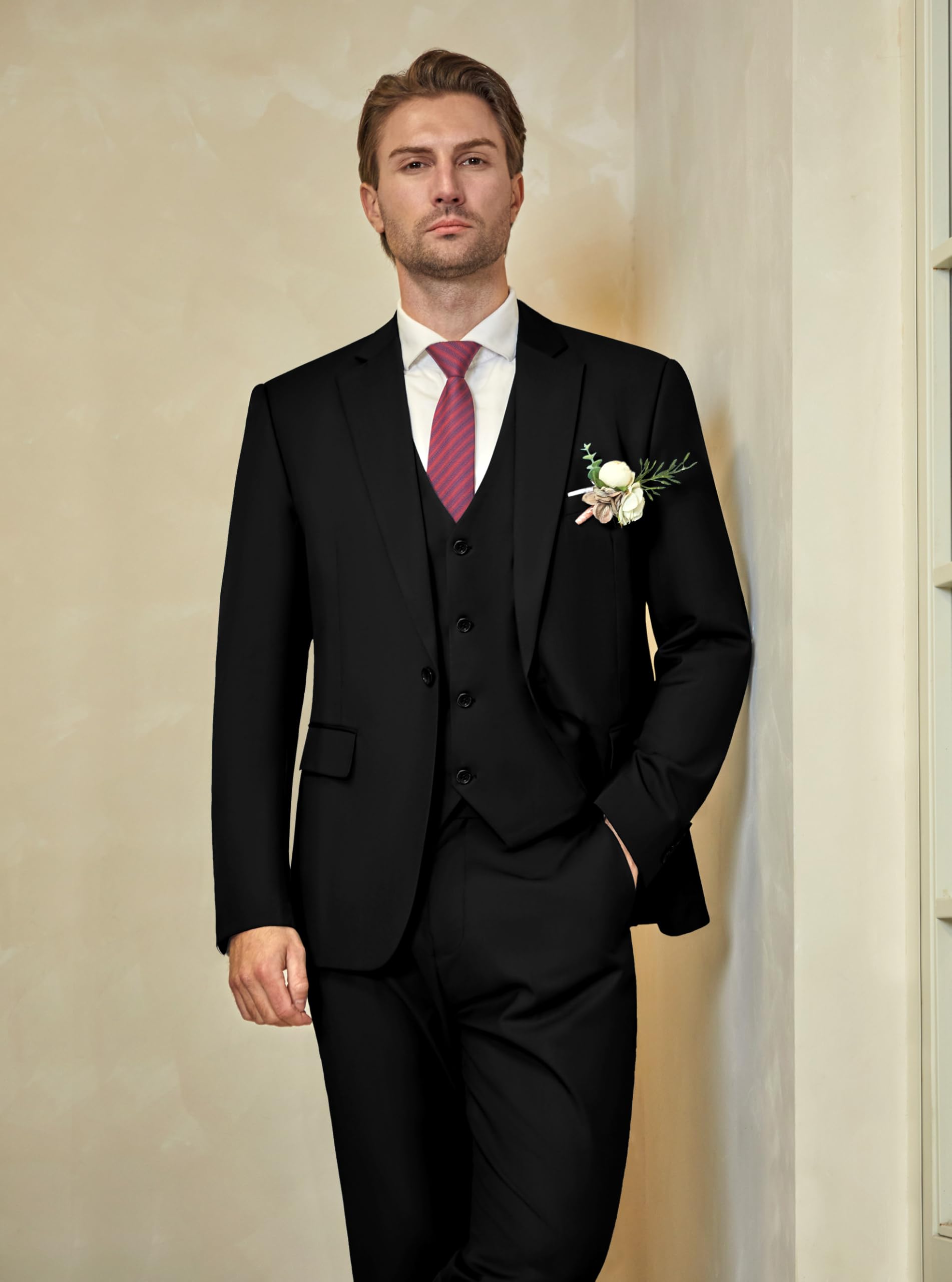 WULFUL Mens Slim Fit Suit One Button 3-Piece Blazer Dress Business Wedding Party Jacket Vest & Pant Black