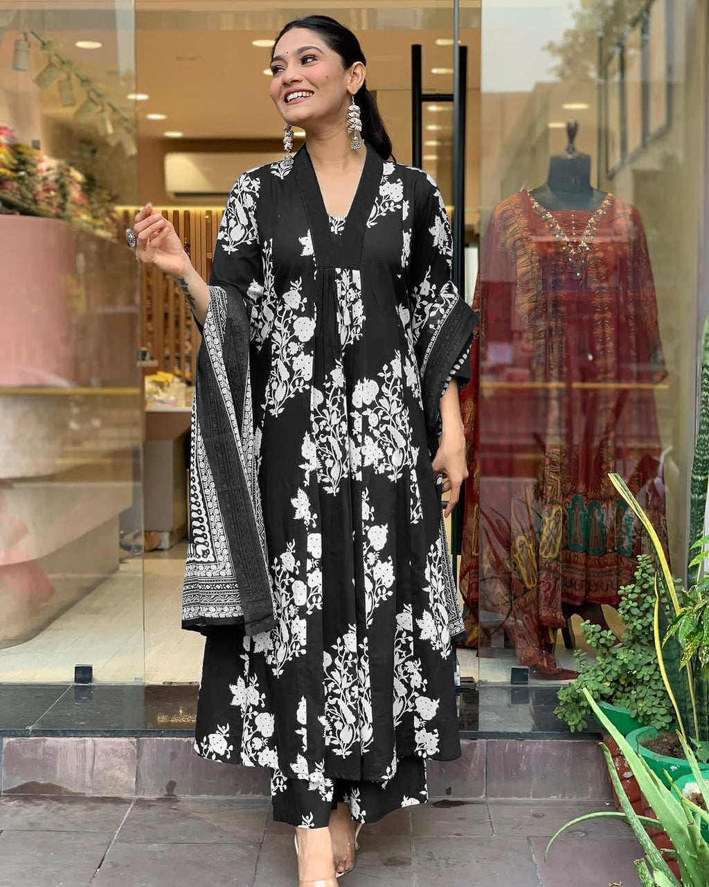 ANNI DESIGNER Womens Rayon Viscose Anarkali Printed Kurta with Pant & Dupatta (Jasiwal Black_M_Black_Medium)
