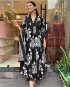 ANNI DESIGNER Womens Rayon Viscose Anarkali Printed Kurta with Pant & Dupatta (Jasiwal Black_L_Black_Large)