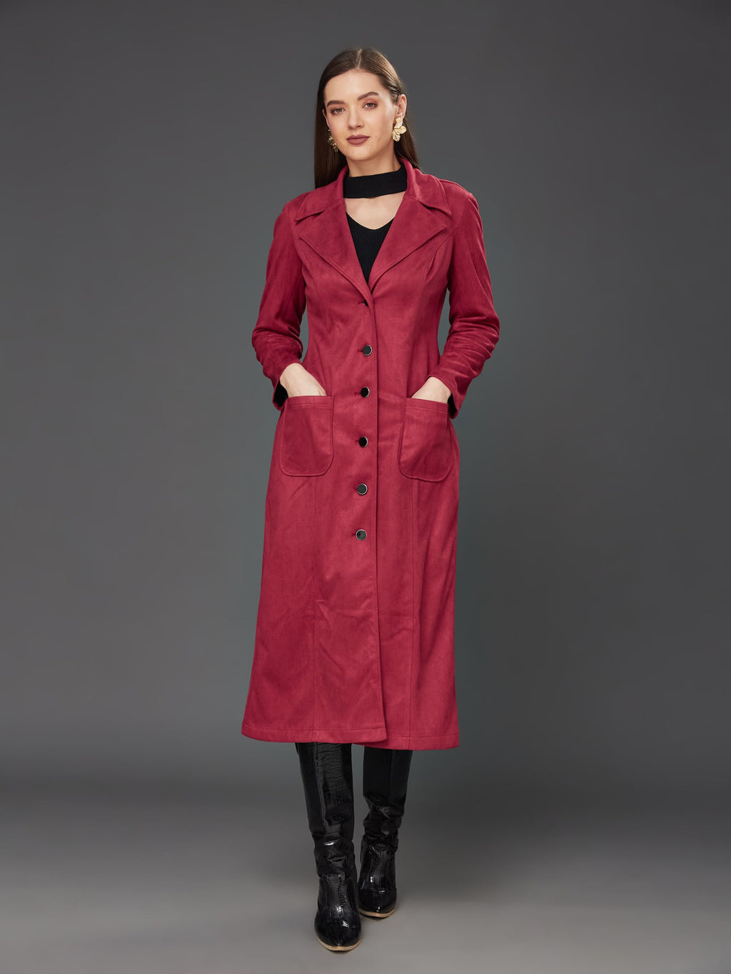 Miss Chase WomenS Solid V-Neck Full Sleeves Patched Pocketed Polyester Button Down Longline Winter Wear Jacket (Mcaw22Jkt03-47-