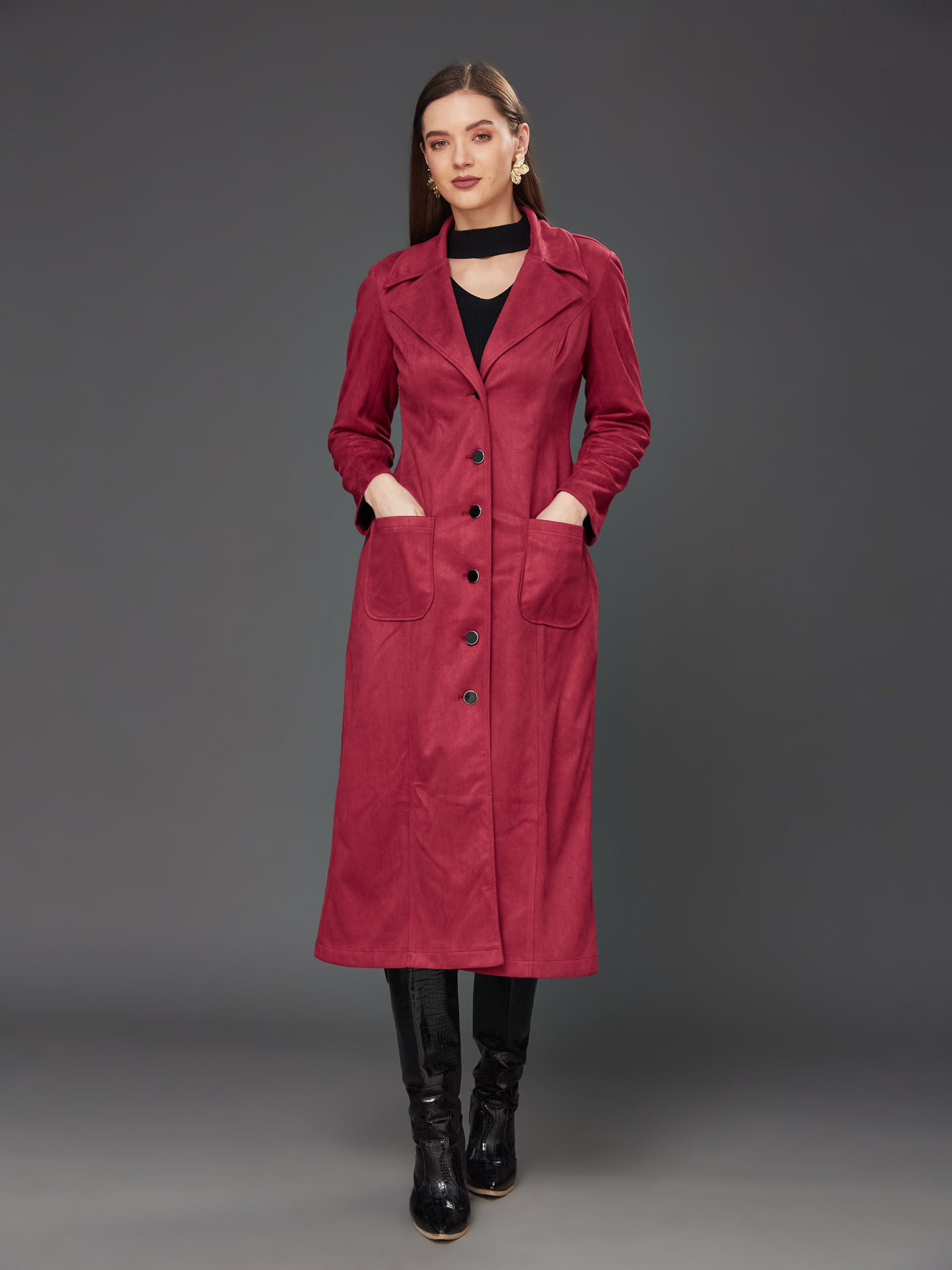 Miss Chase WomenS Solid V-Neck Full Sleeves Patched Pocketed Polyester Button Down Longline Winter Wear Jacket (Mcaw22Jkt03-47-