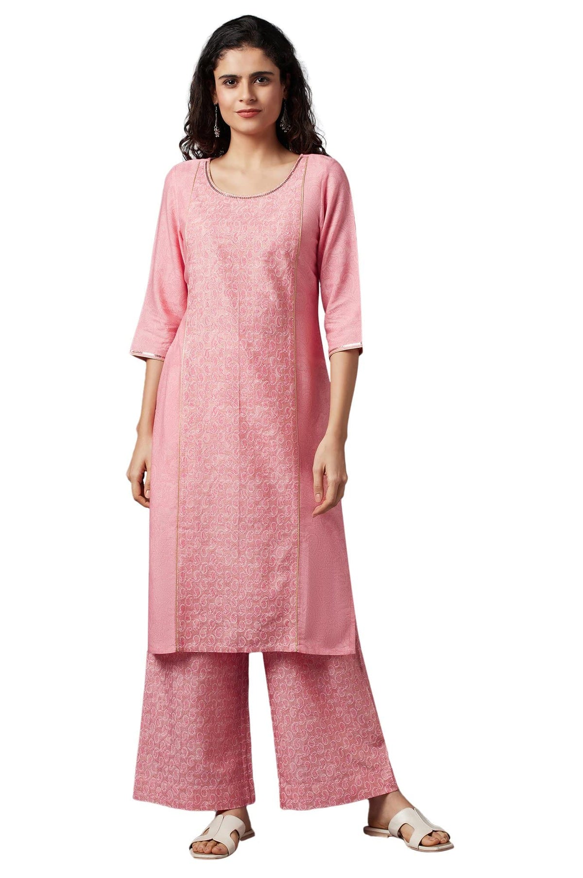 Aurelia Pink Printed Kurta And Palazzo Set (Size: Xl)-23Feas14285-504281
