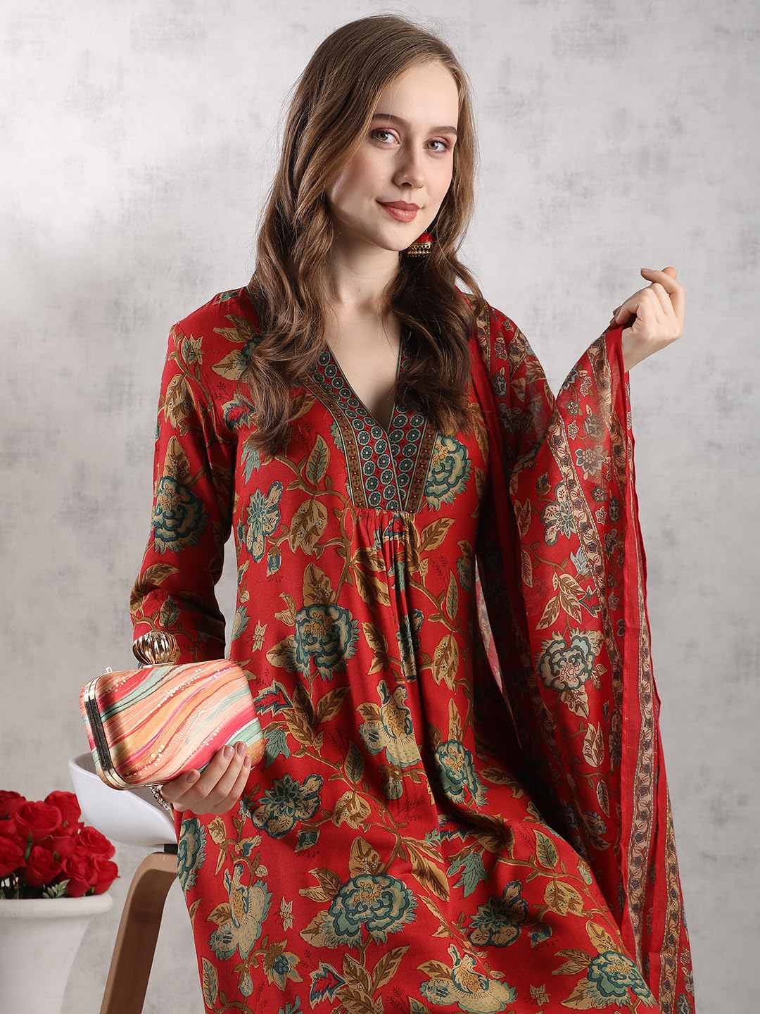 ANNI DESIGNER Women s Palazzo and Dupatta Rayon Blend Kurta, Red, 44