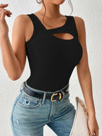 Sugathari Womens Black Cut Out Asymmetrical Neck Rib Knit Jeans Korean Trendy Tank Western Tops for Women Stylish (T-Shirt 182