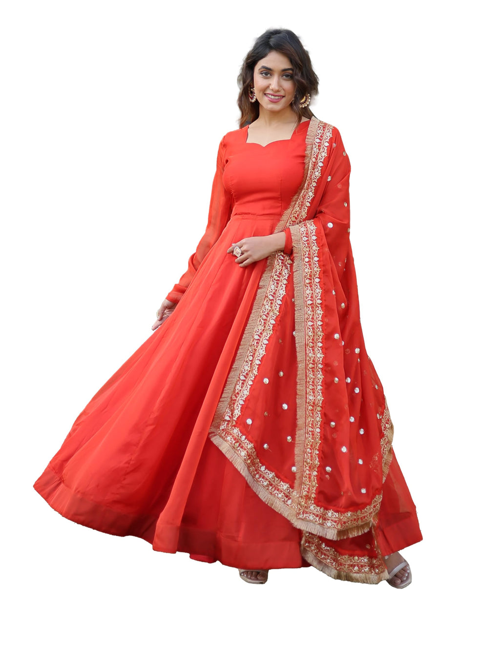 Wedani Women 's Kurta Anarkali Russian Silk Set, Orange, Medium