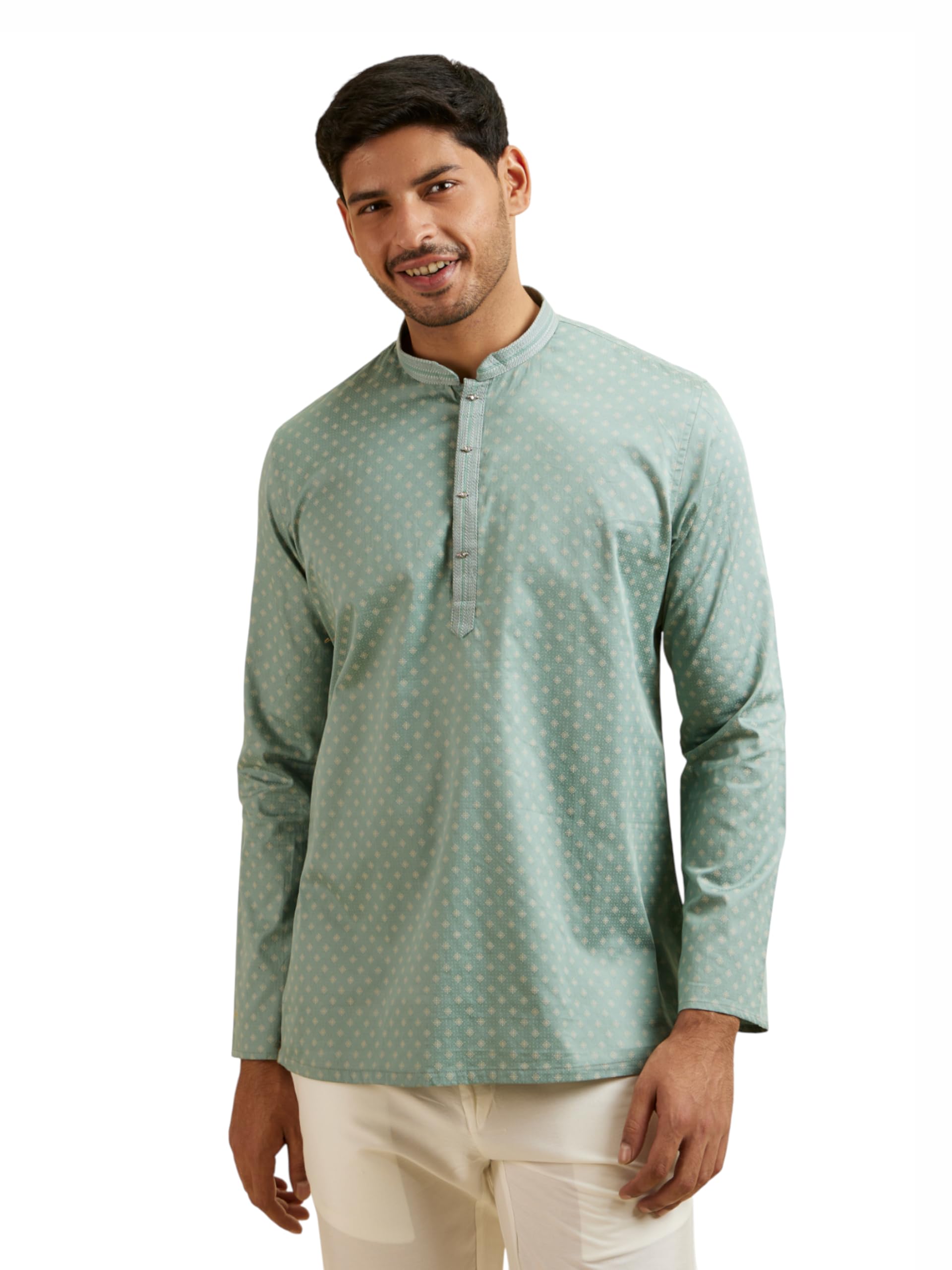 Manyavar Mens Cotton Digital Print|Embroidered Short Kurta (Green,XXL)