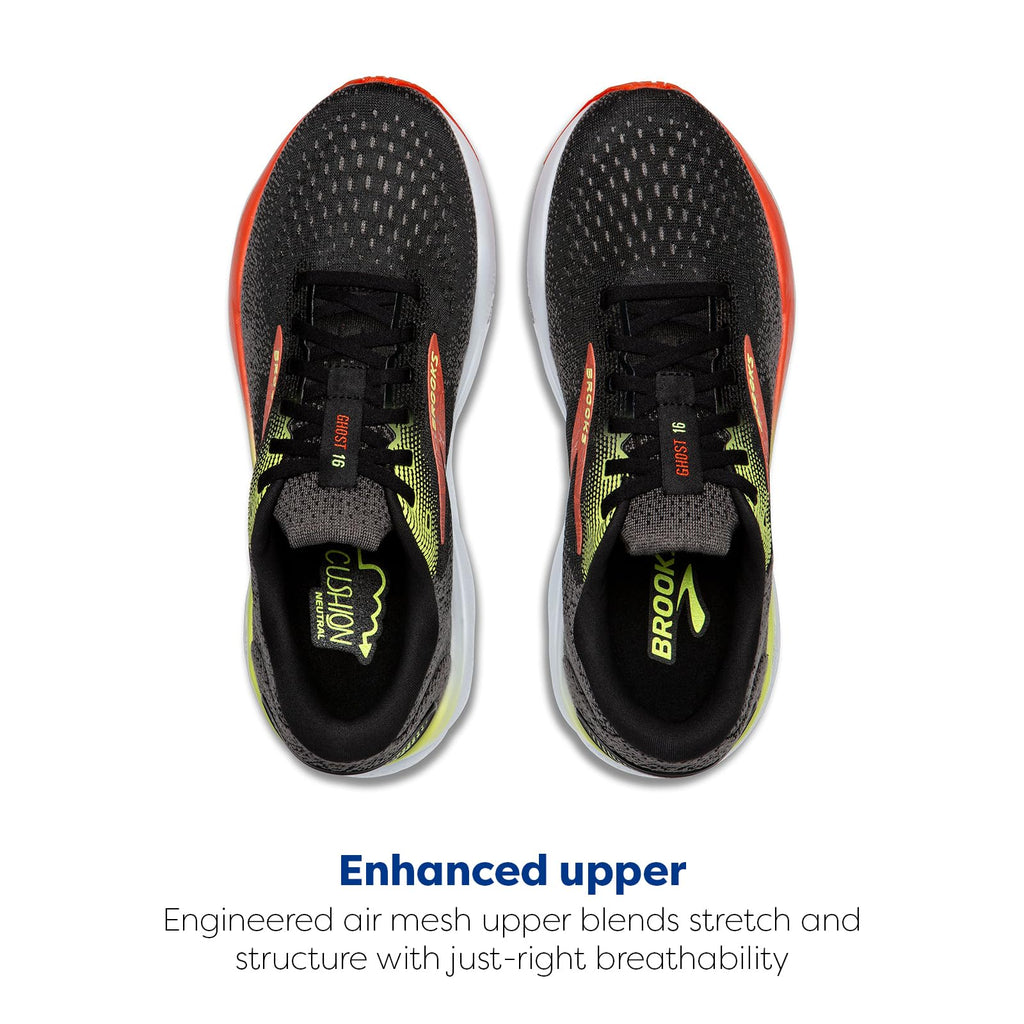 Brooks Mens Ghost 16 Neutral Running Shoe - Black/Mandarin Red/Green - 12.5 Medium