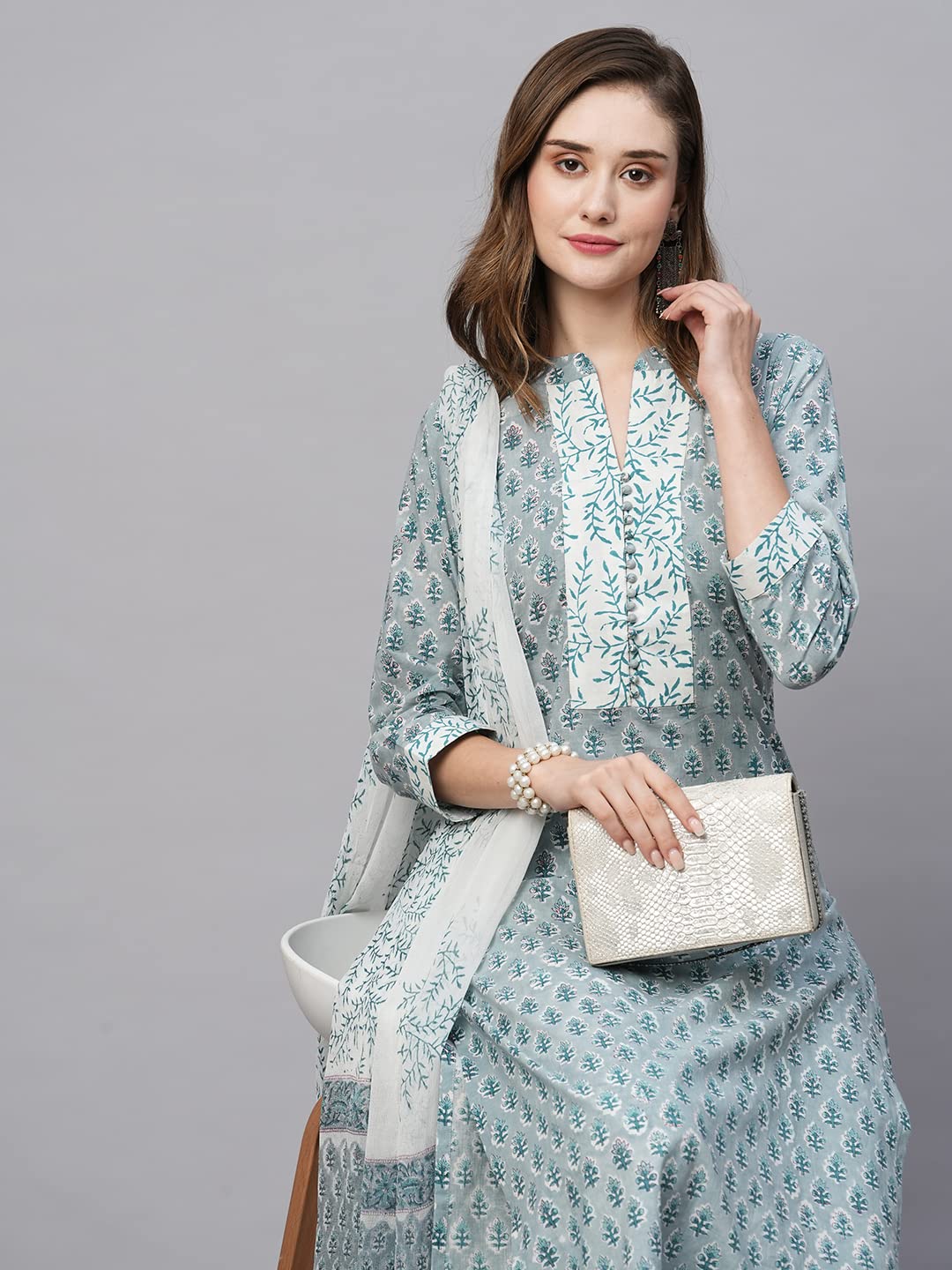 ANNI DESIGNER Ladies Cotton Blend Staright Print Trousers Dupatta Kurta