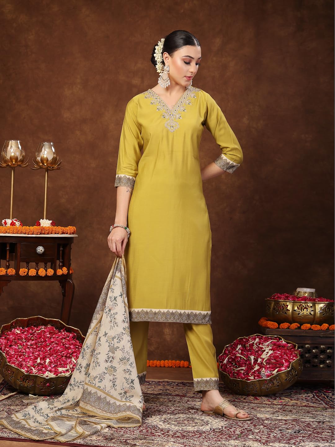 Stylum WomenS Mustard Solid & Embroidered Silk Straight Kurta Pant Dupatta Set