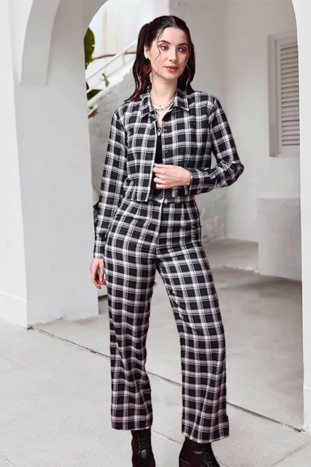 Popwings Casual Checks Print Crop Shirt And Trouser Co-Ord Set For Women | Shirt And Pant Co-Ord Set For Women | Full Sleeves Co