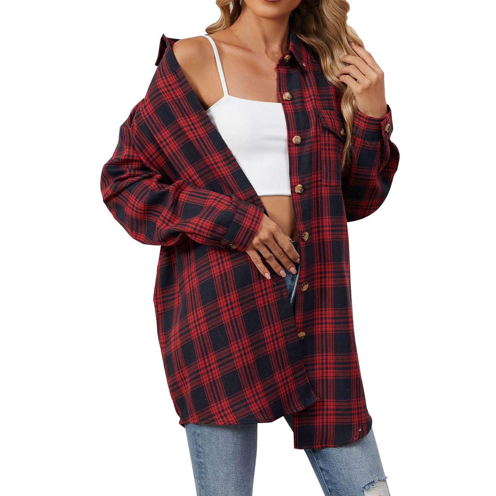 Long Sleeve Shirts for Women Plaid Fit Button Down Shirt Casual Fashion Fall Soft Outfits Clothes Tops with Pockets Red-New Condition