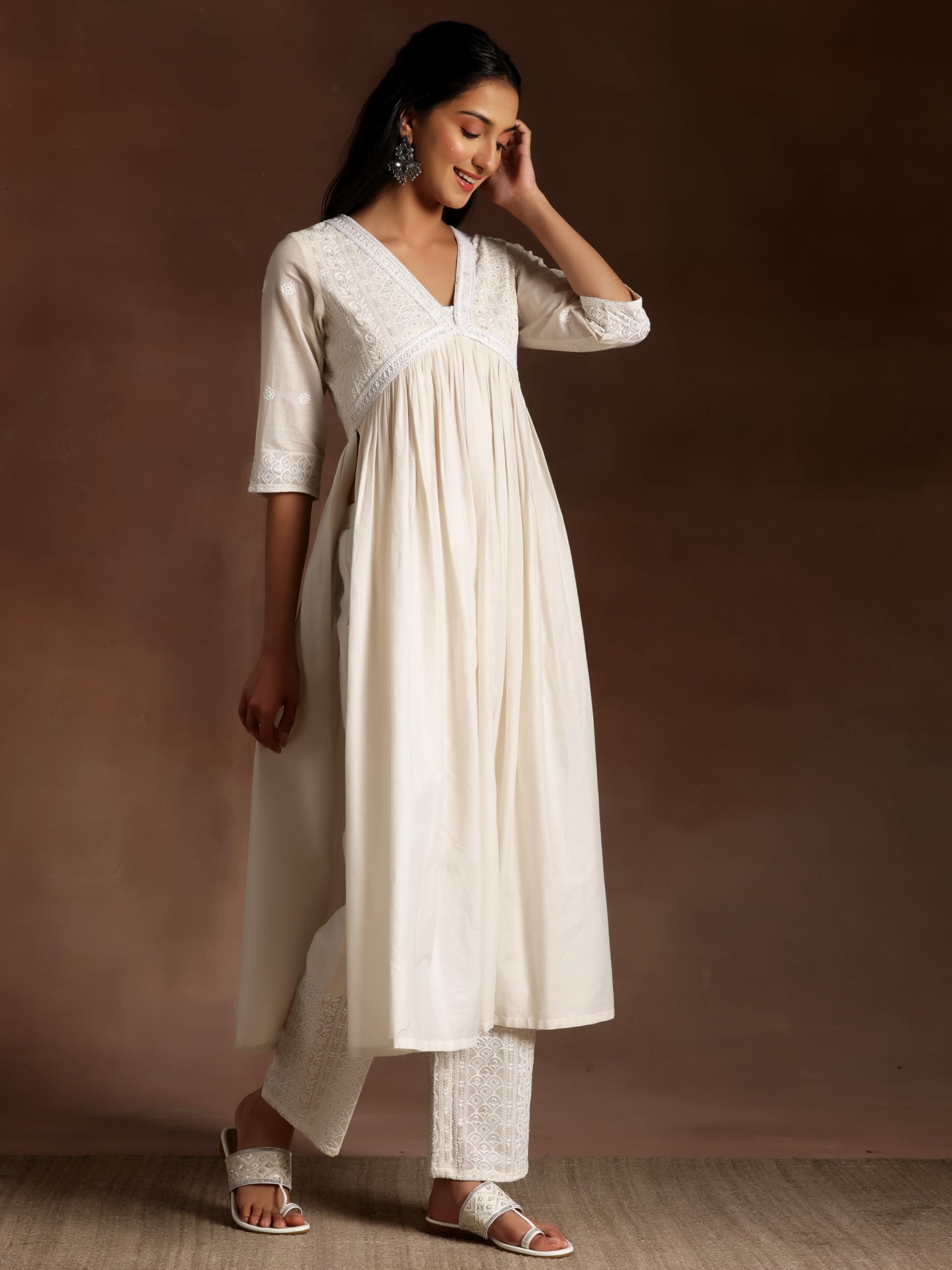 Libas Womens Embroidered Cotton A-Line Kurta With Palazzos And Dupatta