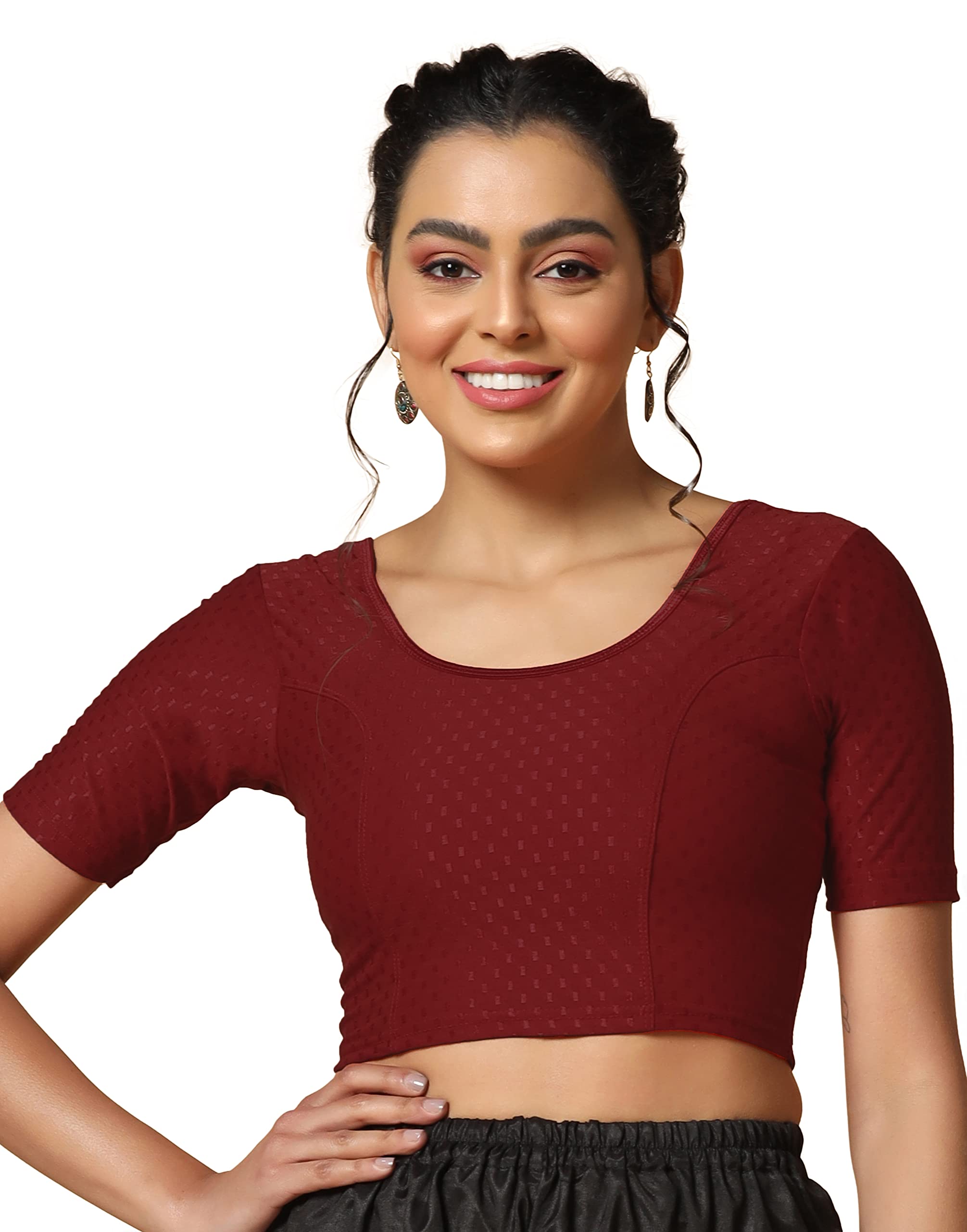 TOPLOT Cotton Blend Lycra Stretchable Round Neck Blouses for Women Readymade (Blouse-5058-Maroon-28)