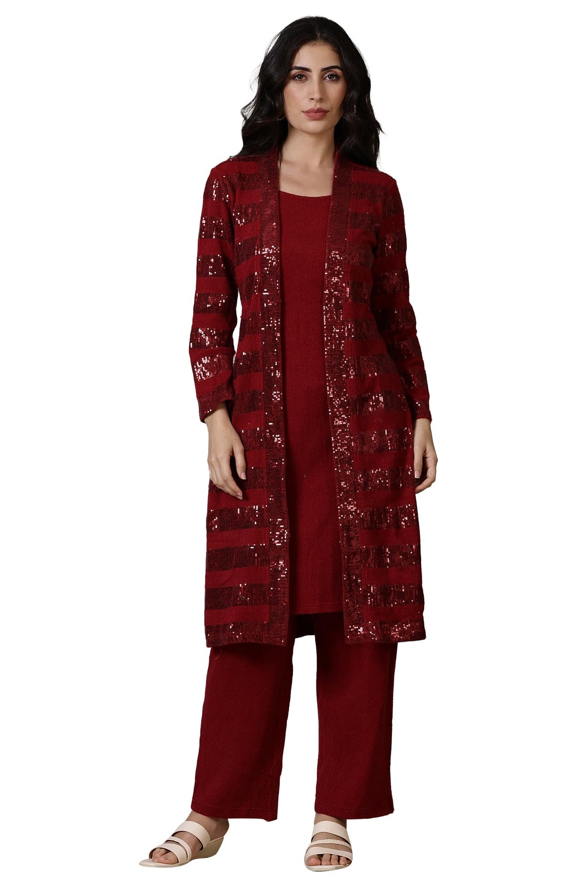 Aurelia Red Yarn Dyed Straight Kurta & Palazzo For Women (Size: 2Xl)-24Noas15364-E705323