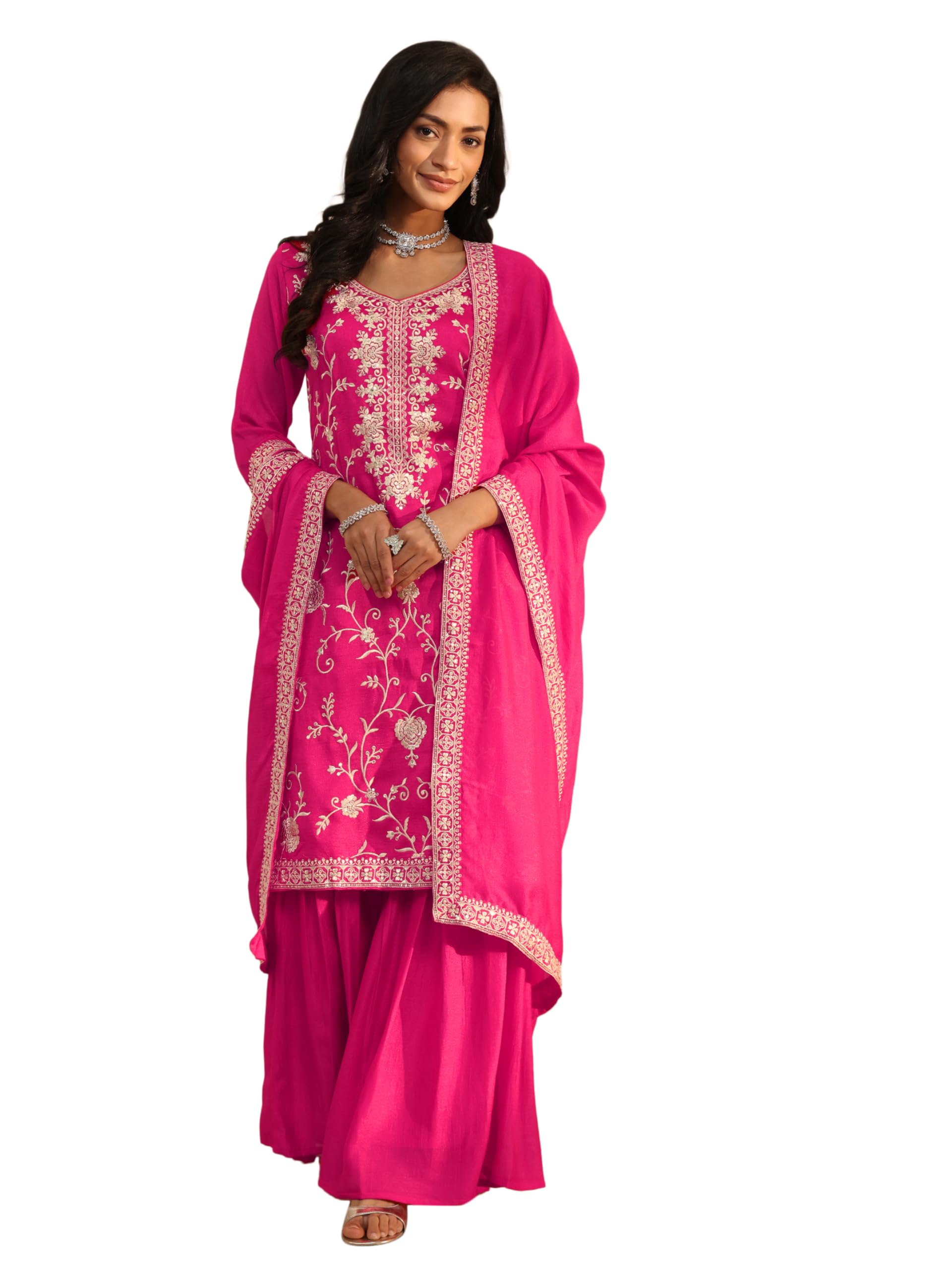Libas Embroidered Silk Blend Straight Kurta With Sharara and Dupatta-93459XXL