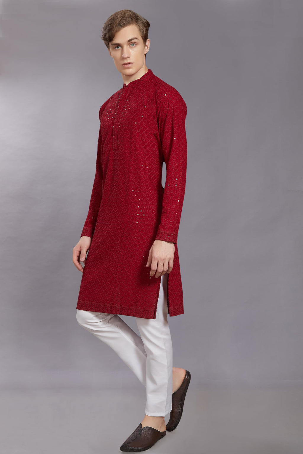 DIVISIVE Mens Sequince Embroidered Cotton Blend Only Slim Fit Kurta (DKRT20_5XL_Maroon)