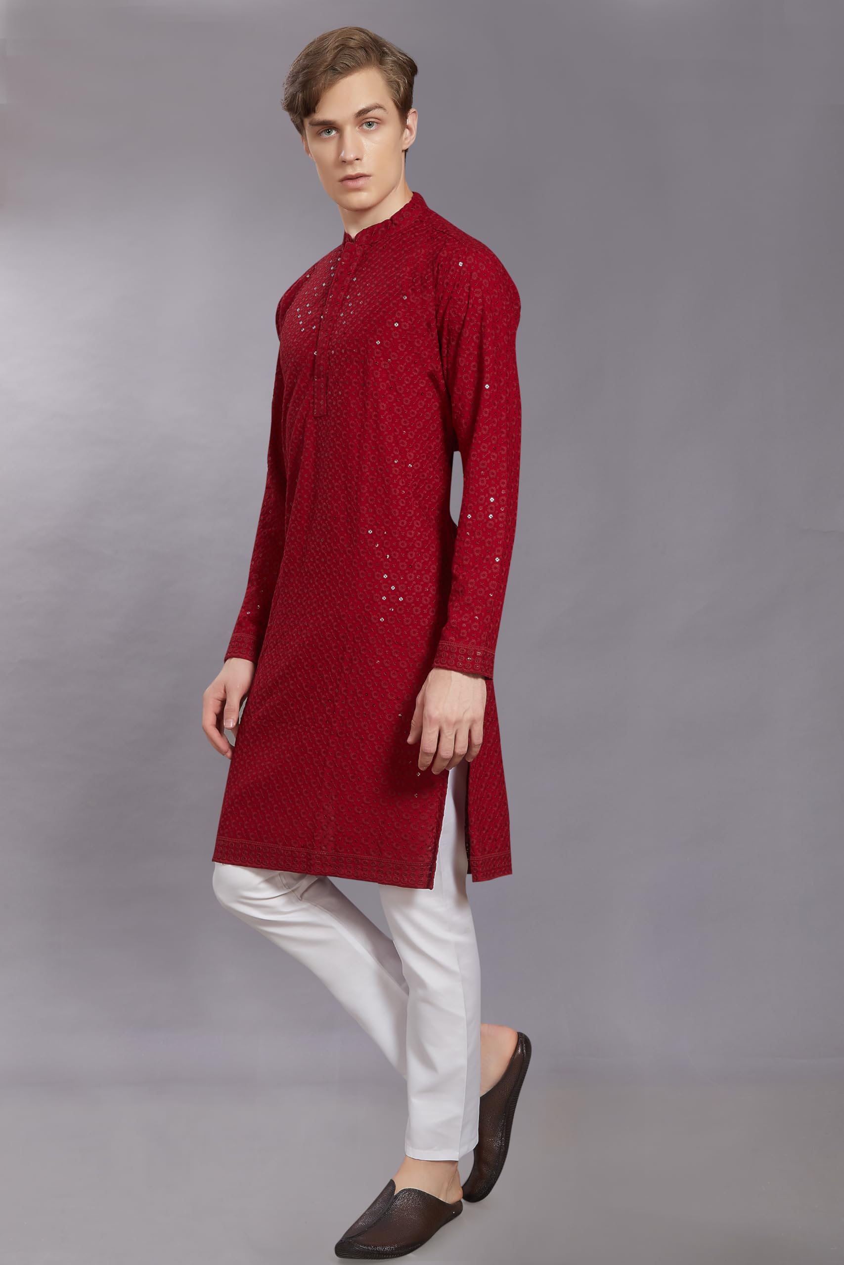 DIVISIVE Mens Sequince Embroidered Cotton Blend Only Slim Fit Kurta (DKRT20_5XL_Maroon)