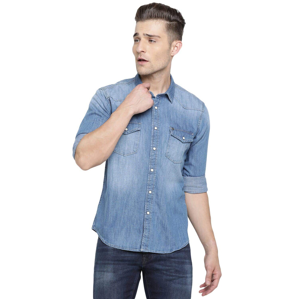 Pepe Jeans MenS Plain Slim Fit Casual Shirt (Pm306531G22_S_Mid Wash)