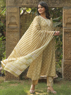 ANNI DESIGNER Women s Anarkali Rayon Blend Printed with Trousers and Dupatta, Mehandi, XXL
