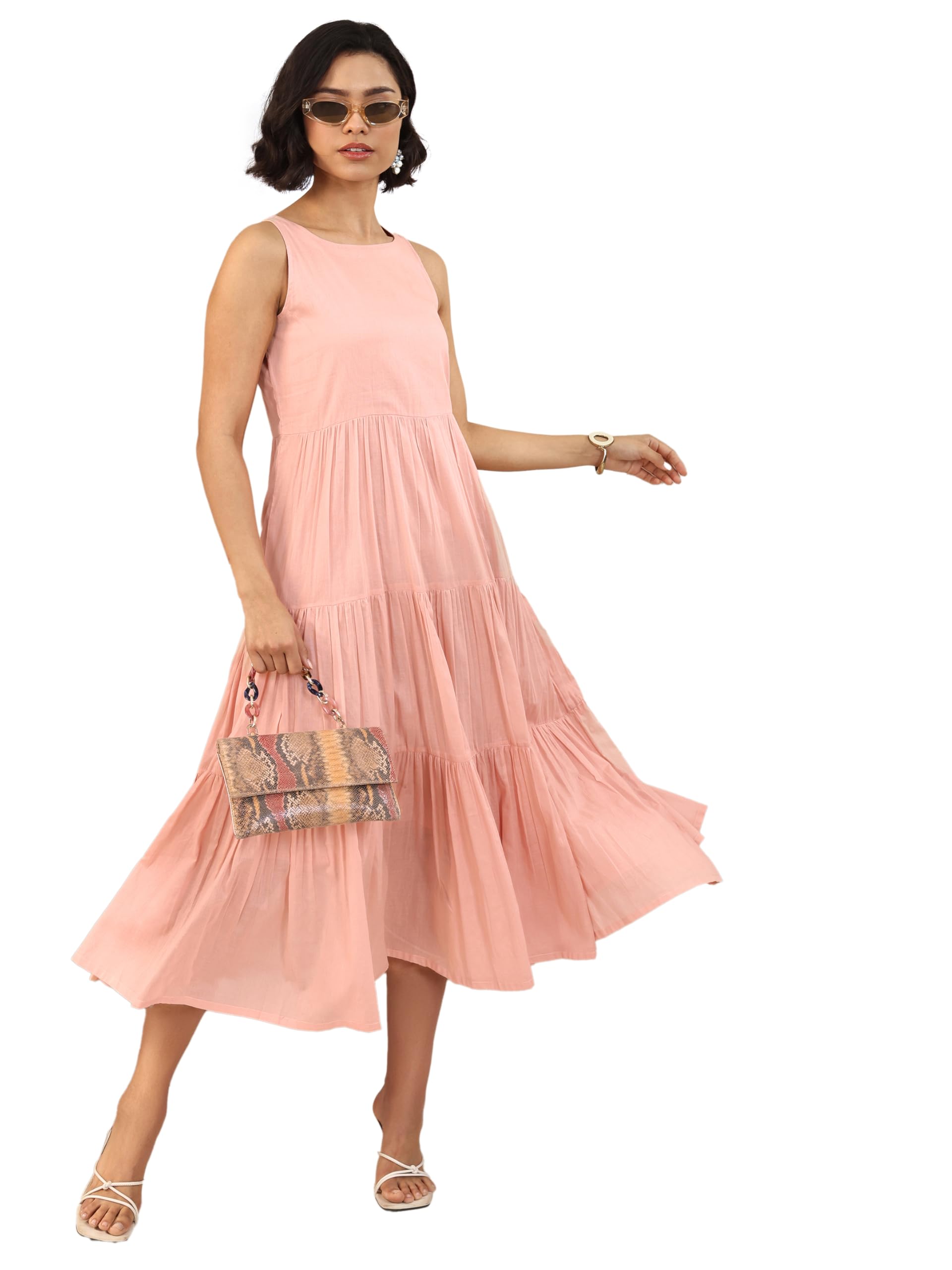 Libas Women Fit And Flare Cotton Flared Midi Dress (29609H Peach) 2Xl