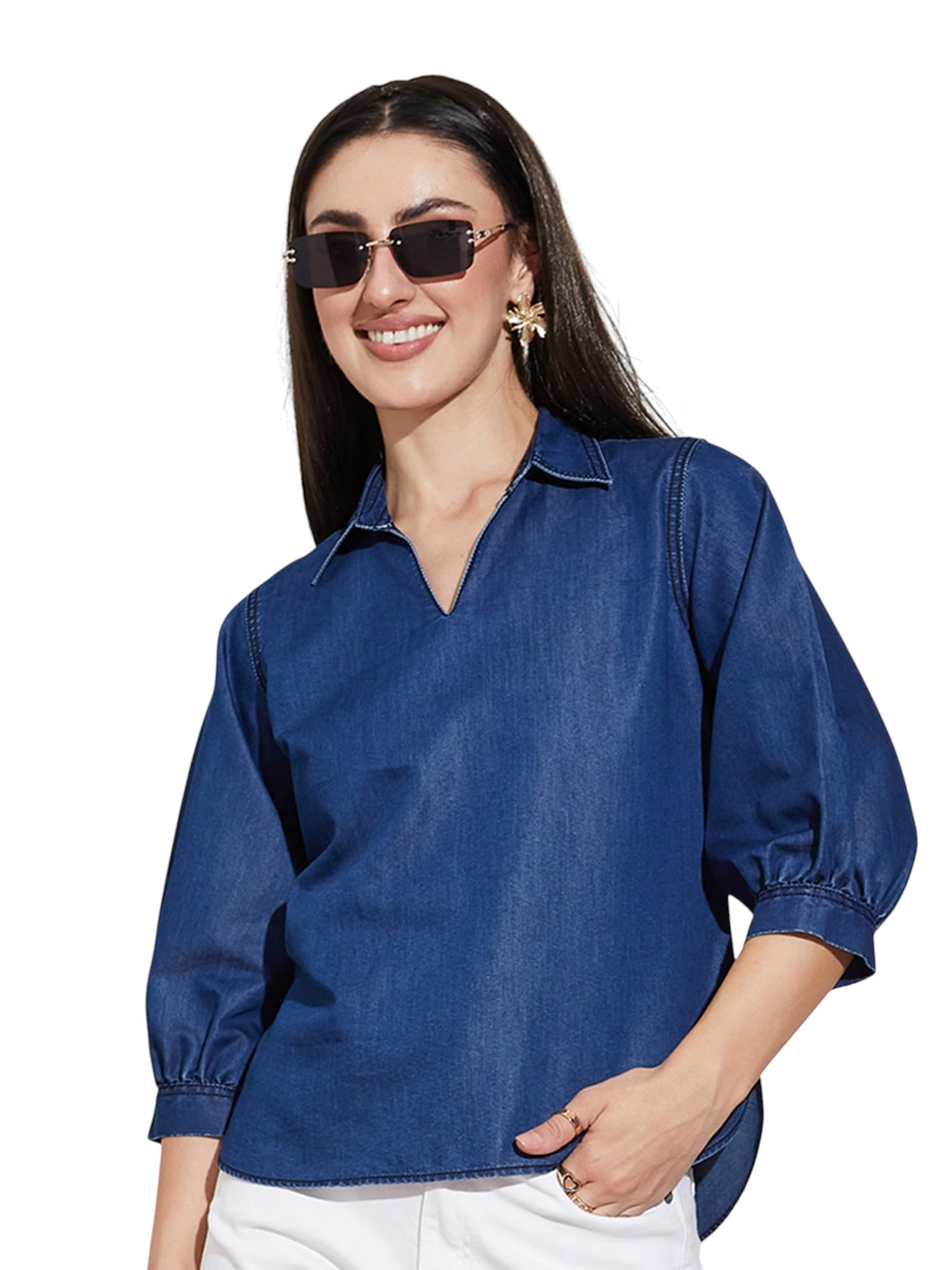 Miss Chase Womens Collar-Neck Puff-Sleeve Solid-Colored Light Weight Denim Tunic Top (Mcaw25Den62-80-389-06, Slate Blue, Xl)