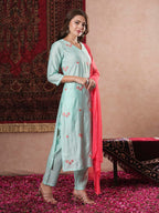 ANNI DESIGNER Women s Rayon Blend Kurta with Pants and Dupatta, Green, S