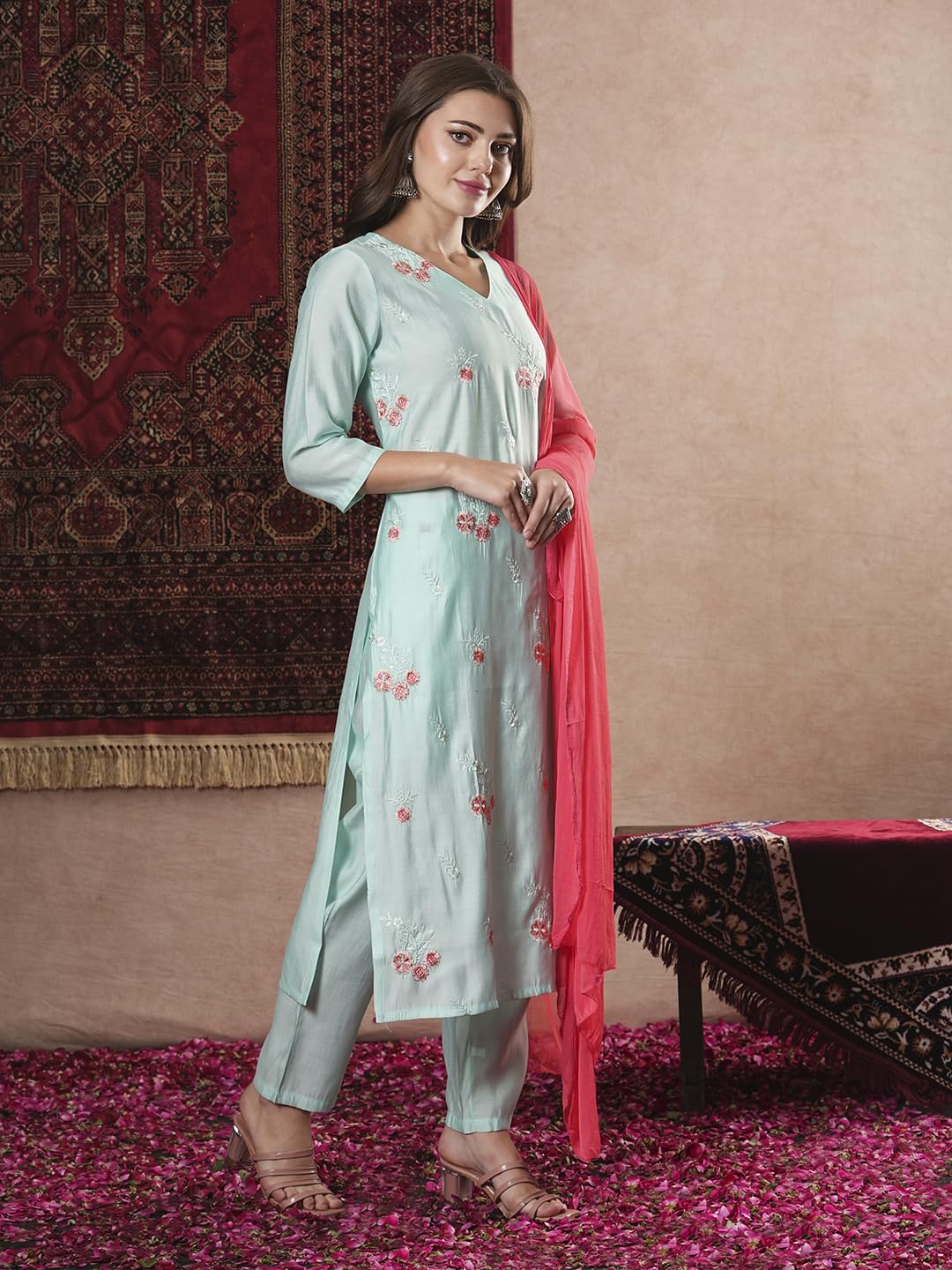 ANNI DESIGNER Women s Rayon Blend Kurta with Pants and Dupatta, Green, S