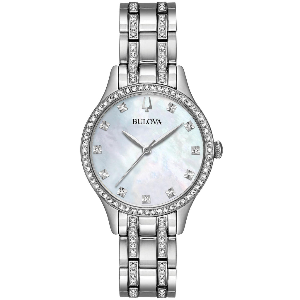 Bulova Ladies' Crystal Stainless Steel Box Set with White Mother-of-Pearl 3-Hand Quartz Watch and Gold Tone Crystal Bangles Styl