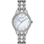 Bulova Ladies' Crystal Stainless Steel Box Set with White Mother-of-Pearl 3-Hand Quartz Watch and Gold Tone Crystal Bangles Styl