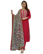 ANNI DESIGNER Womens Cotton Blend Straight Embroidered Kurta with Pant & Dupatta (Sanju Red_S_Red_Small)