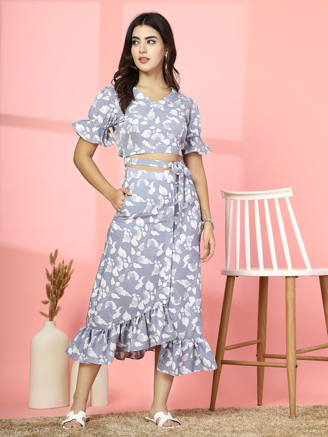 Oomph! Crepe Crop Top And Skirt Set For Women, Grey - Coord_Mt888Msk196