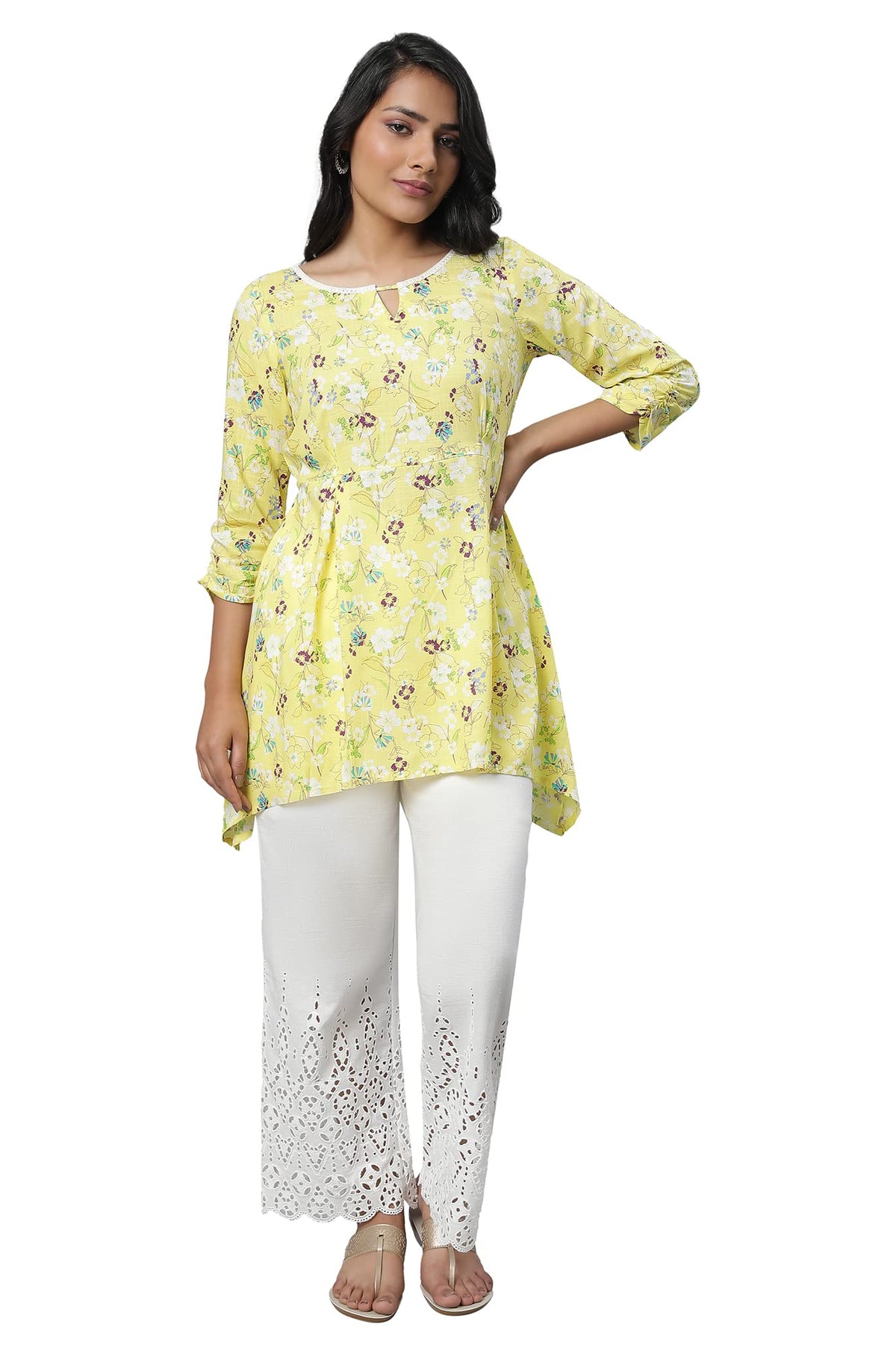 Aurelia Womens Viscose Floral Regular Kurti (23FEA30356-507154_Yellow