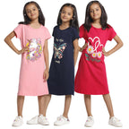 T2F Girls Half Sleeve 100% Cotton Knee Length Printed Nightgown, Nightdress, Sleepwear (Pack of 3)