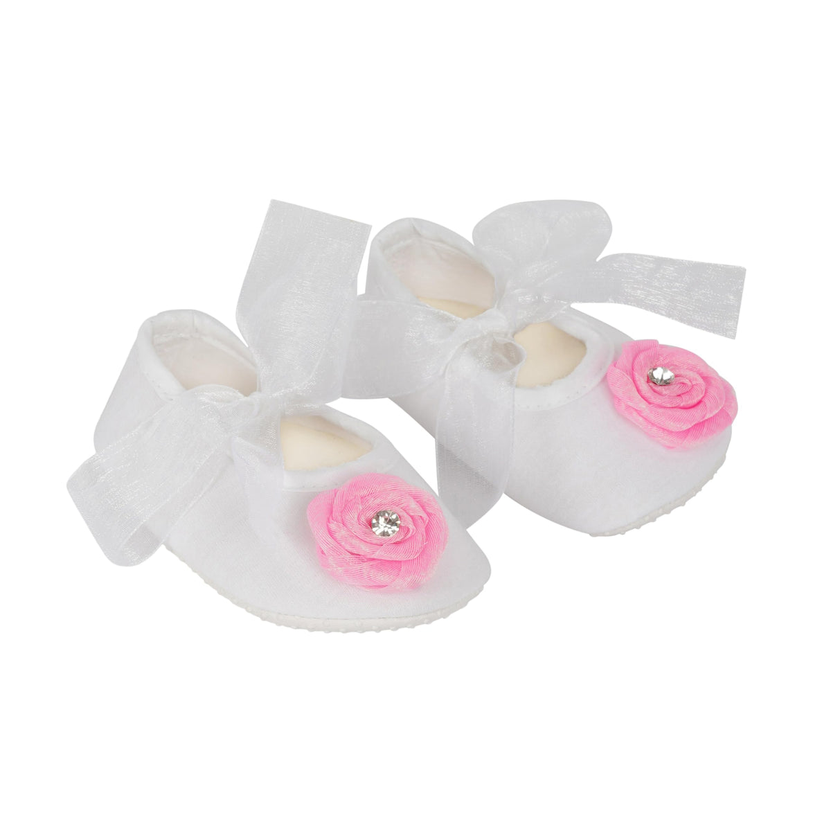 Rsmart Infant New Baby Toddlers Cotton White Sandal Ribbon Booties With Pink Flower Patch (Age 03 Months), Length : 10 Cm(Rsm_5 0-3
