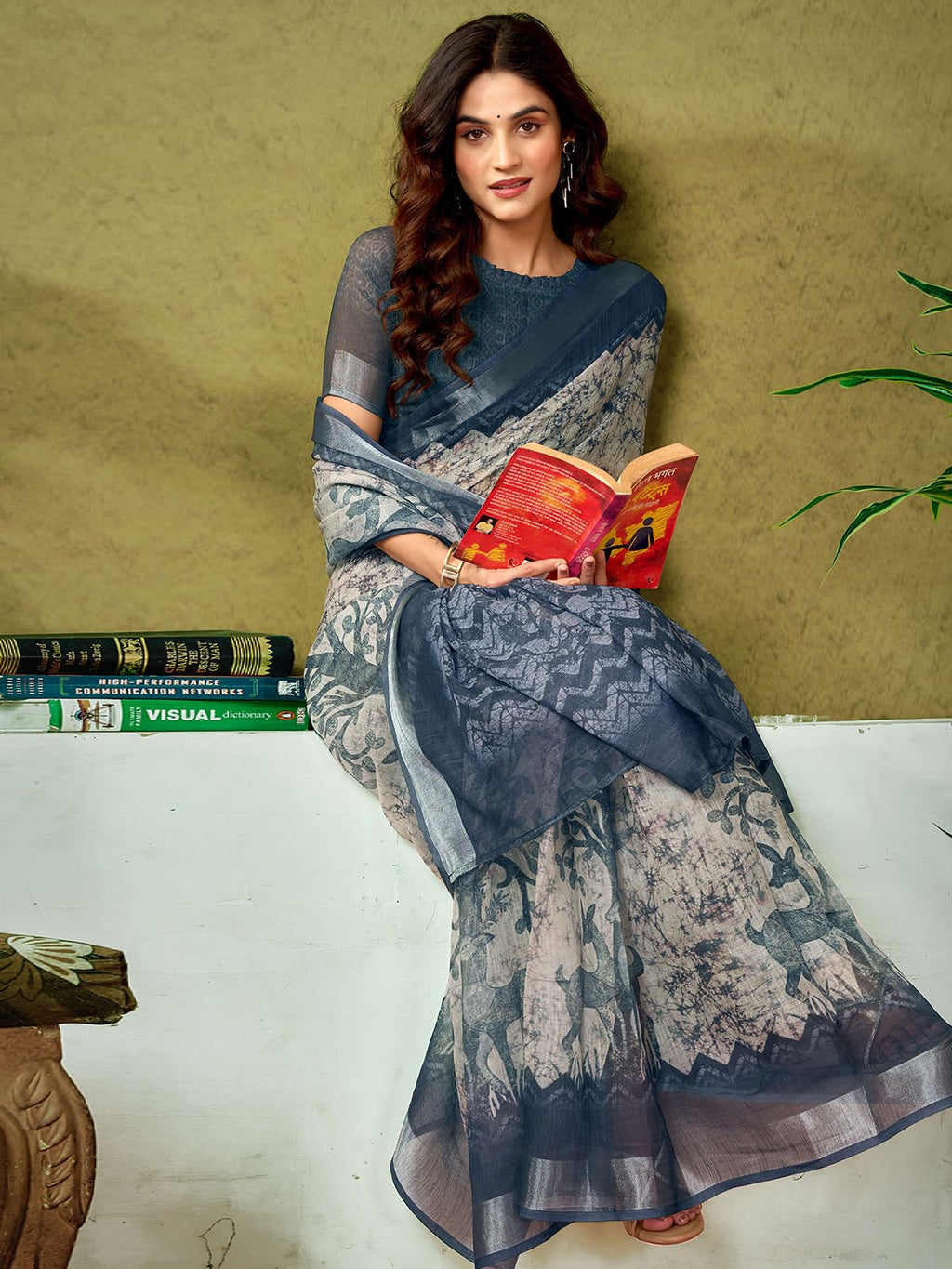 Satrani WomenS Linen Zari Border Printed Ready To Wear One Minute Pre Pleated Readymade Saree With Unstitched Blouse Piece (33R