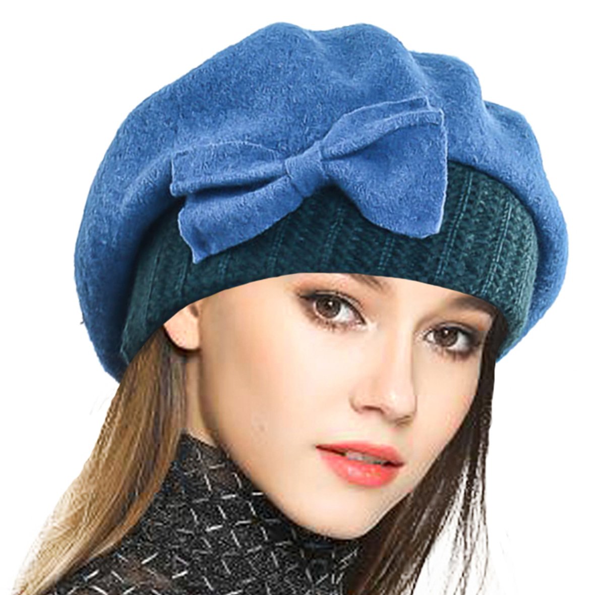 VEcRY Lady French Beret 100% Wool Beret Floral Dress Beanie Winter Hat (Bow-Turquoise)