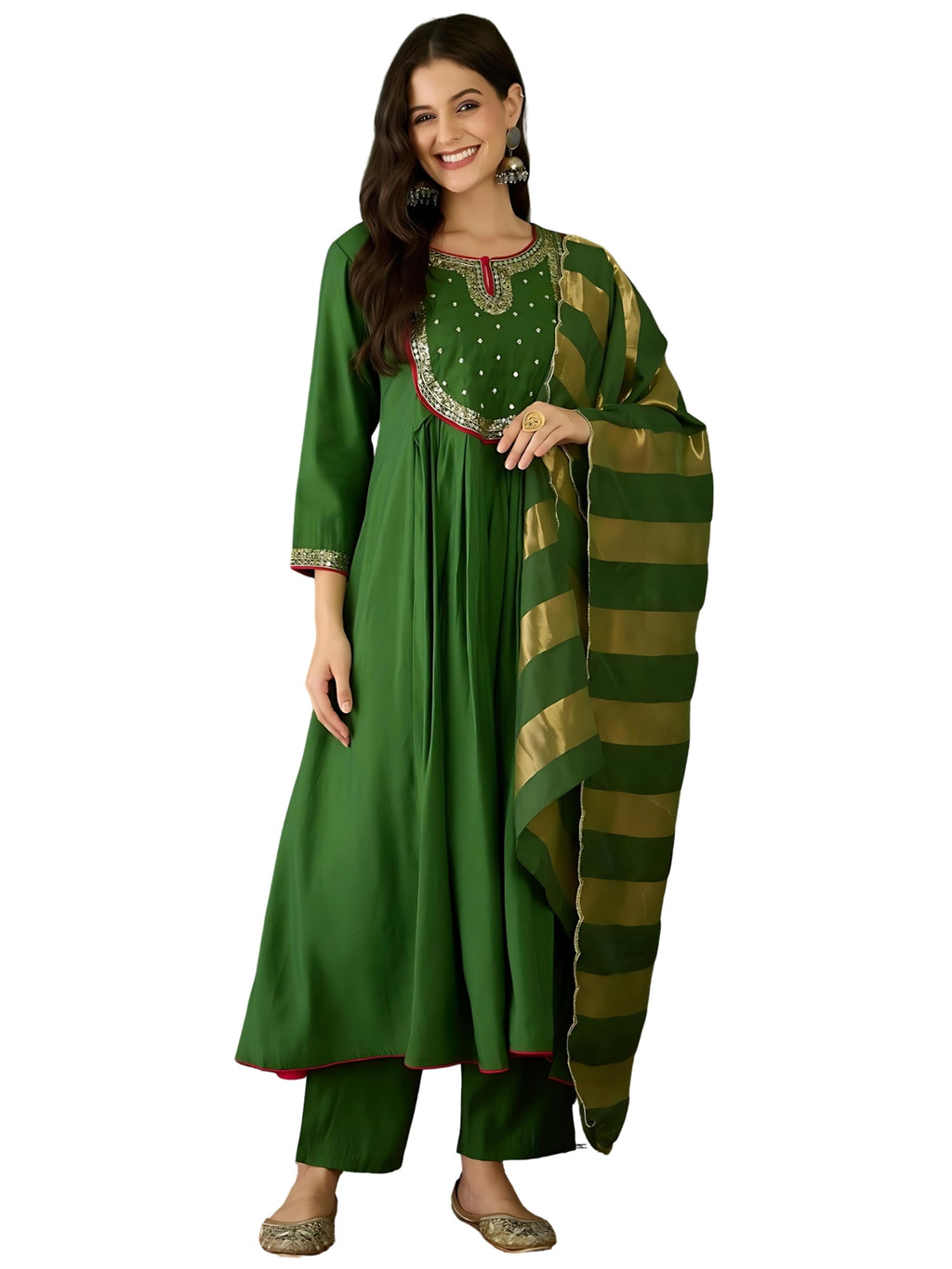 Naixa WomenS Chanderi Embroidered Flared Kurta With Pant And Dupatta Sets For Wedding Party And Festival Wear (Nx-762-Light-Gre