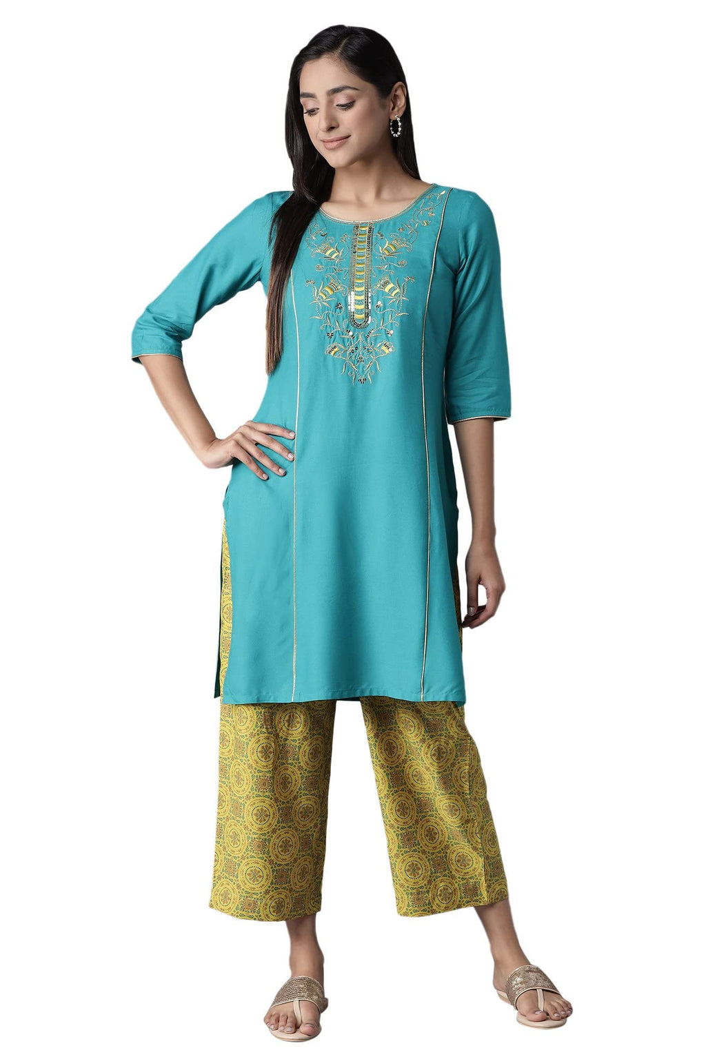 Aurelia Women'S Viscose Kurta-Straight Culotte (21Onas12898-603779_Blue_L)