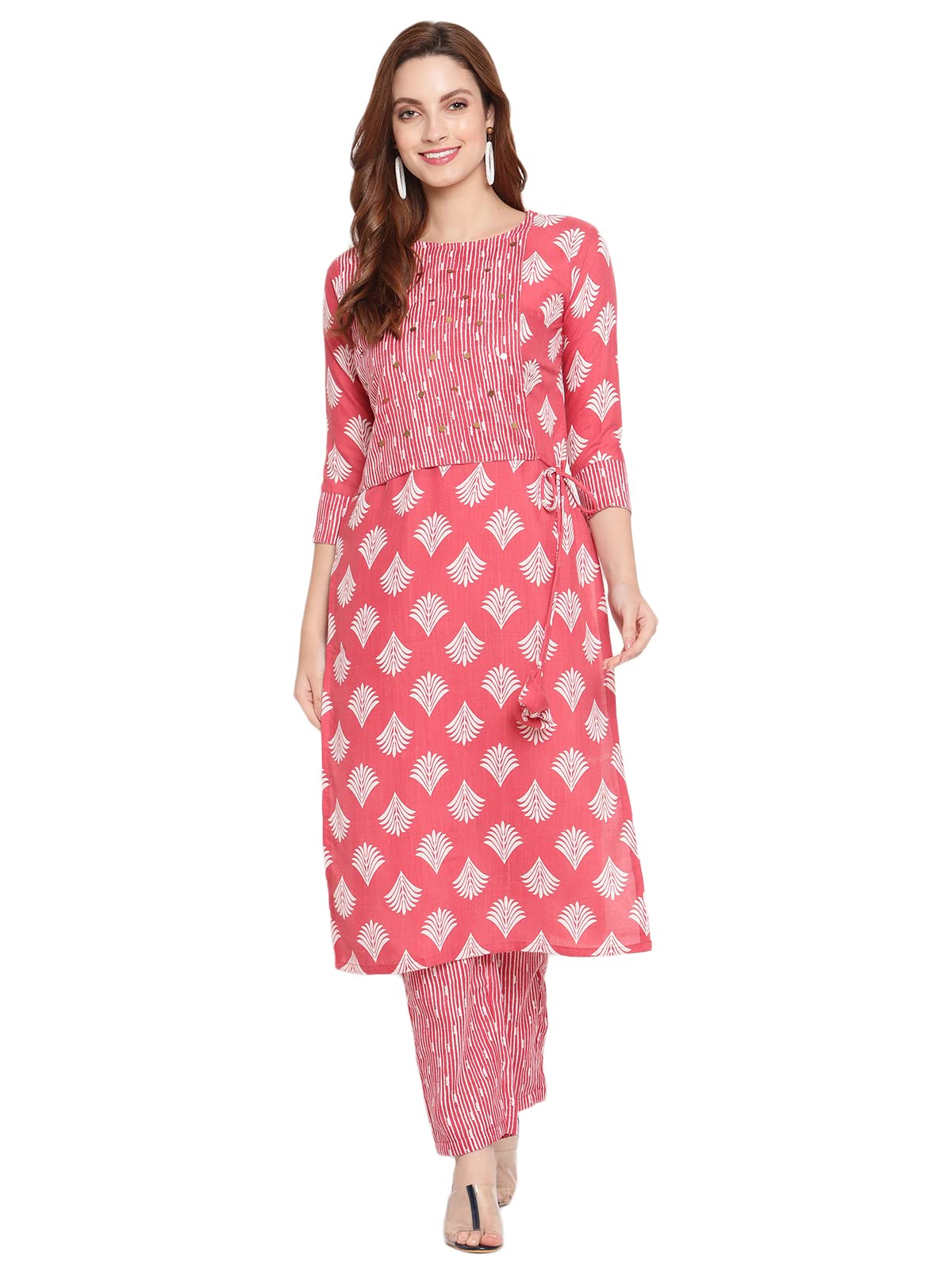 Shasmi Women'S Pink Cotton Straight Kurta With Checkered Trouser (Kurta 24 Pink S)