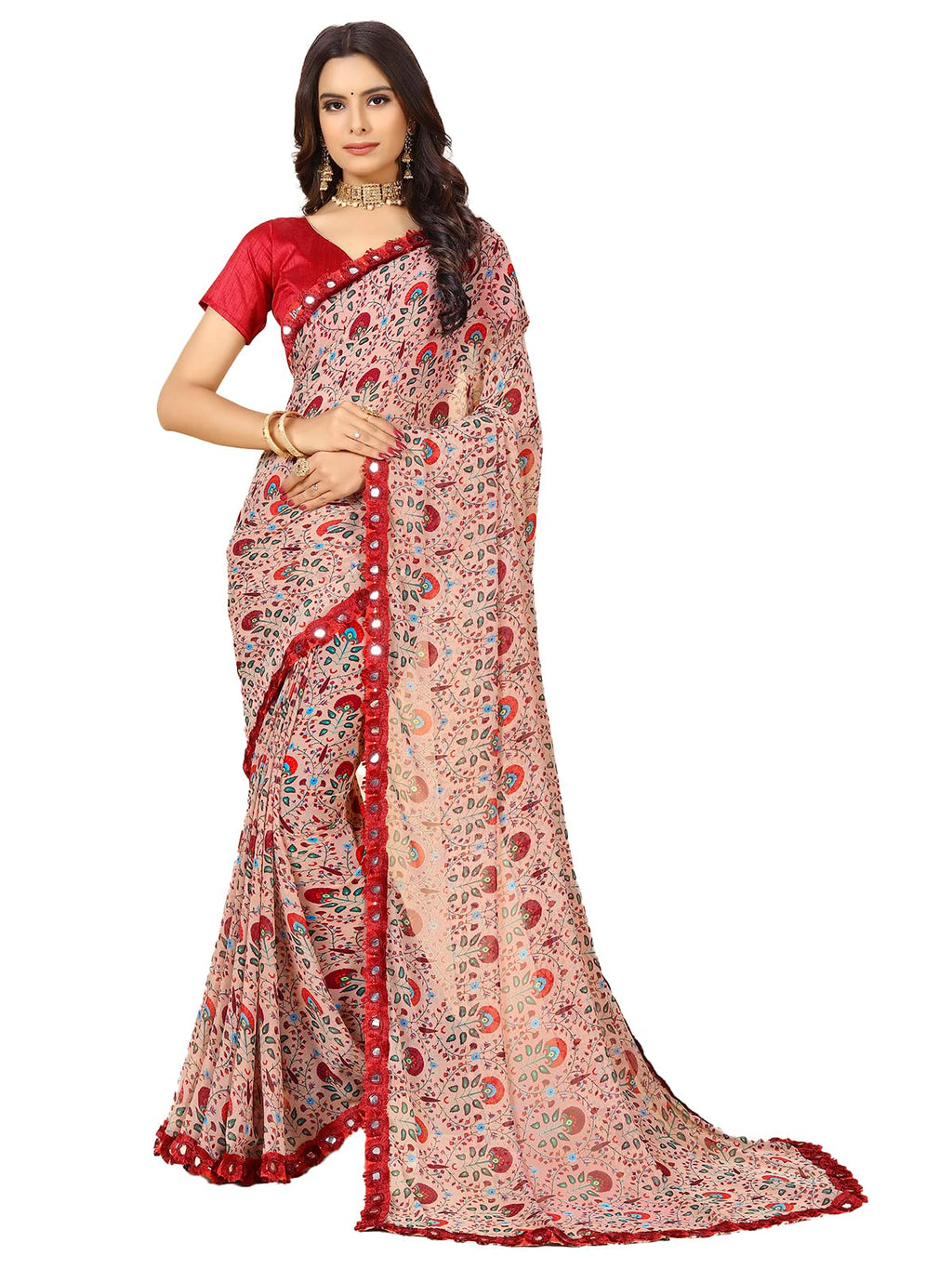 rangita Women Floral Printed Georgette Saree With Blouse Piece - Rose Gold (SIZE 5.5 MTR)