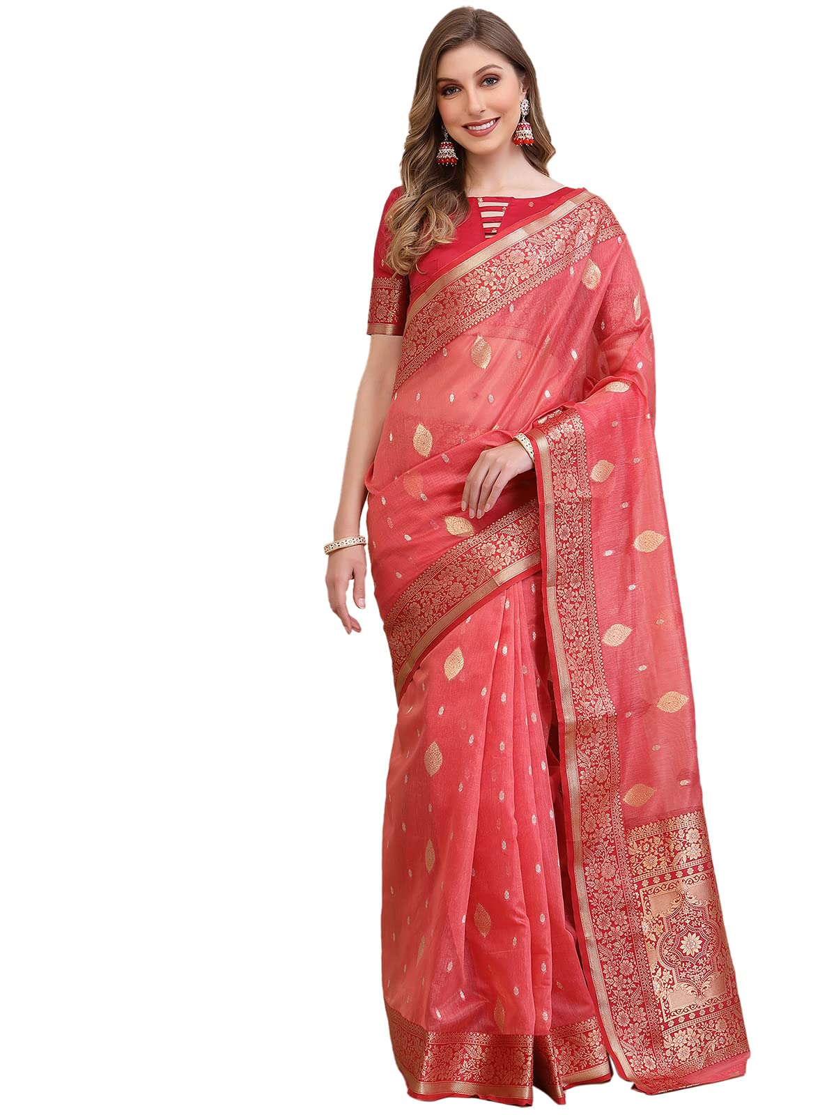 Satrani Womens Banarasi Silk Blend Saree (2786S106N_Coral Pink)