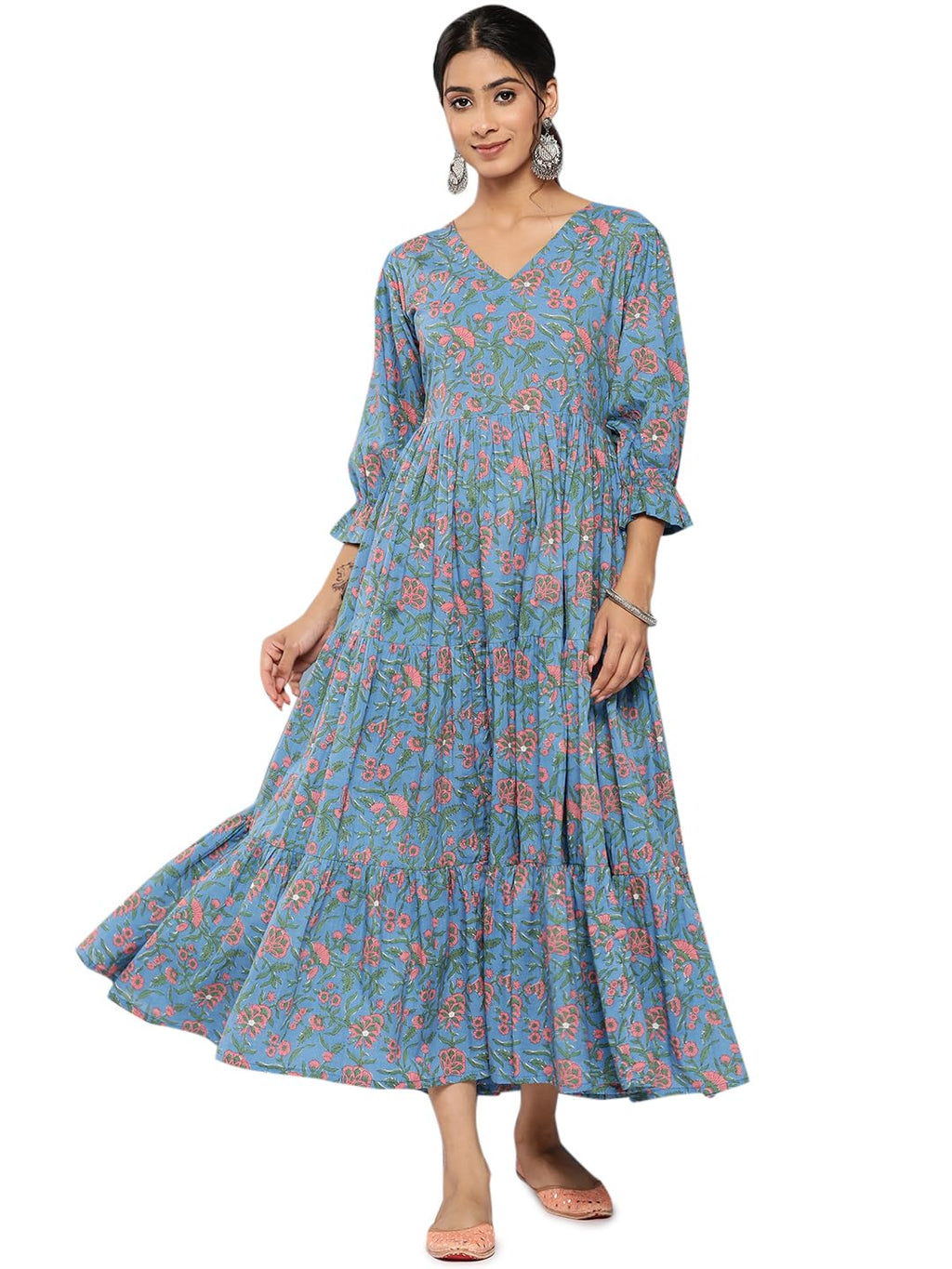 Libas WomenS Cotton Fit And Flare Maxi Casual Dress (26414_Blue