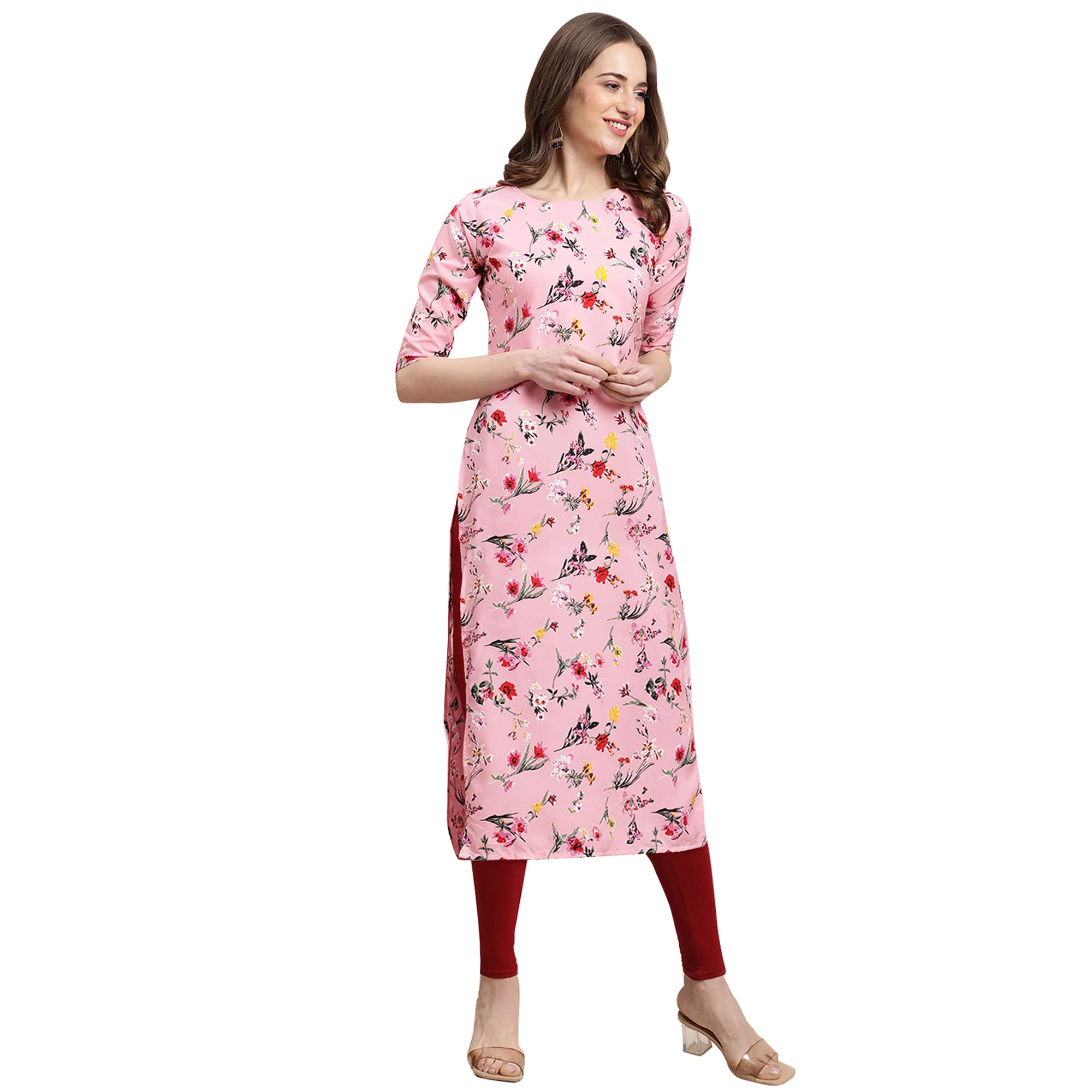 Pinkmint Womens Crepe Baby Pink Color Floral Printed Straight Kurti