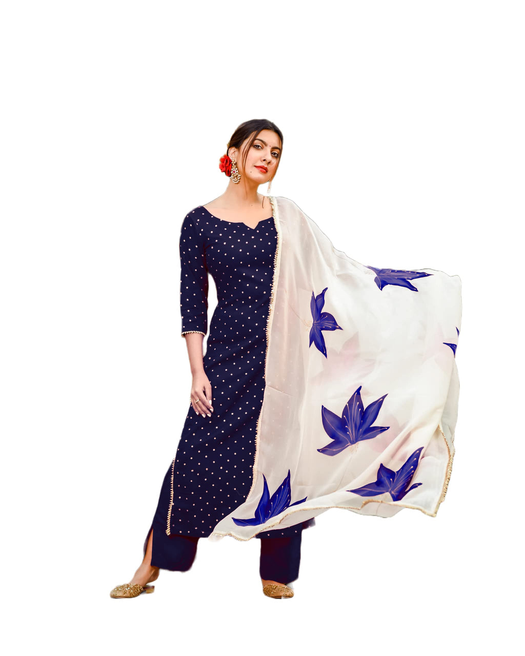 ANNI DESIGNER Womens Rayon Straight Raspberry Handpainted Kurta with Palazzos & Dupatta (Rayon STY Blue_L_Blue_Large)