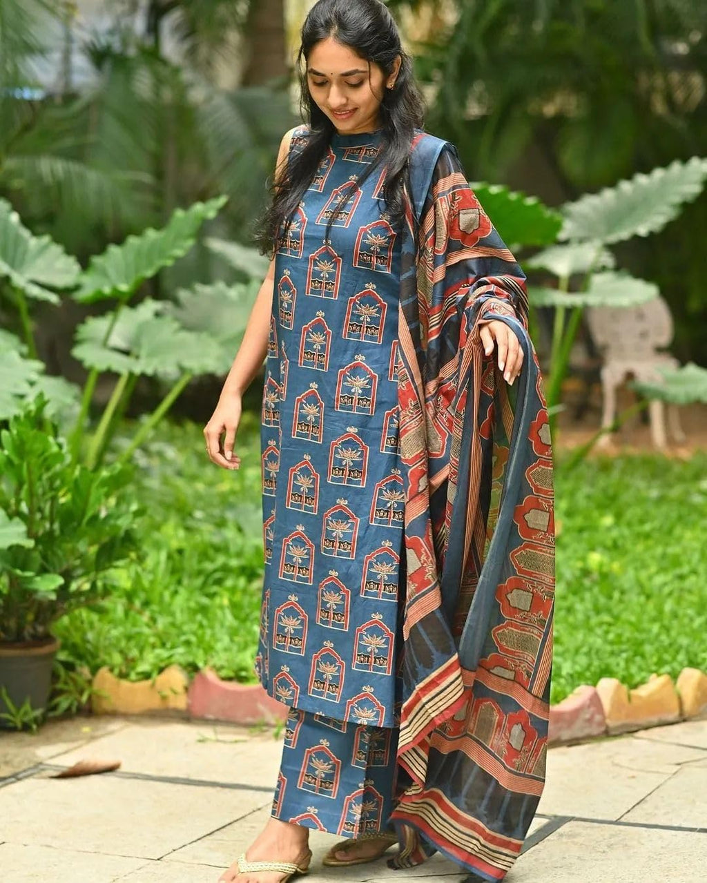 ANNI DESIGNER Womens Rayon Blend Anarkali Printed Kurta with Palazzo & Dupatta (NETHRA Blue_L_Blue_Large)