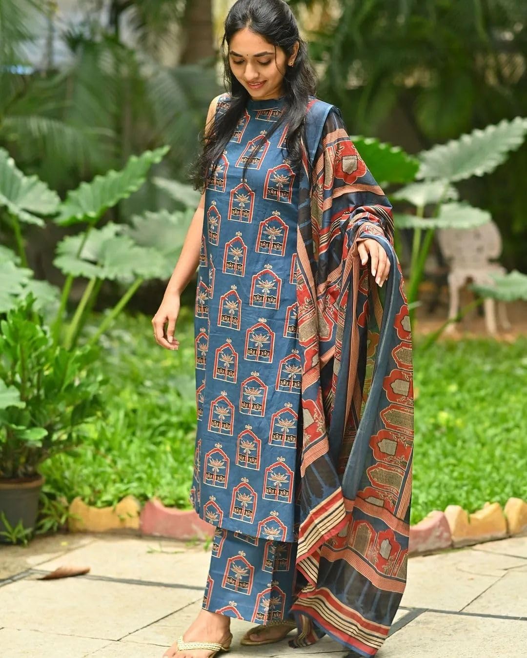 ANNI DESIGNER Womens Rayon Blend Anarkali Printed Kurta with Palazzo & Dupatta (NETHRA Blue_L_Blue_Large)