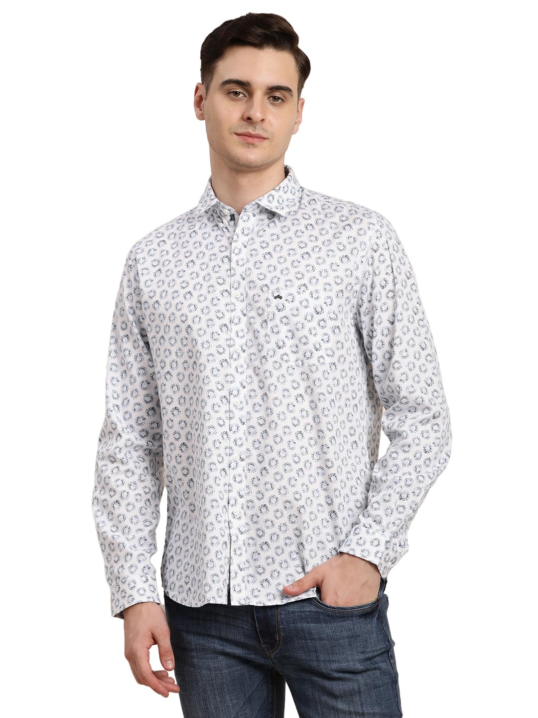 Turtle Men 100% Cotton White Printed Slim Fit Casual Shirt